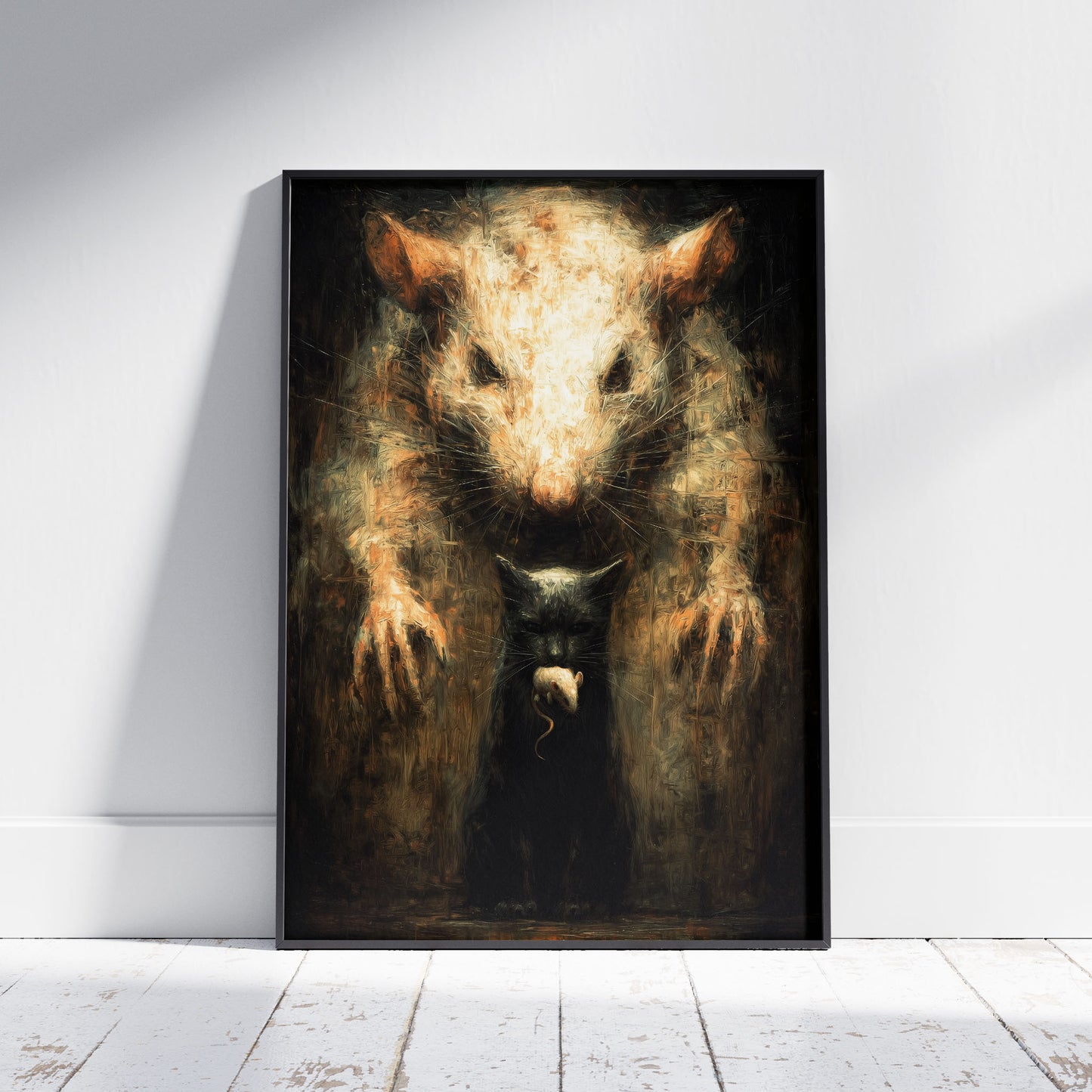 Surreal gothic rat portrait with hidden cat and mouse dark horror art print