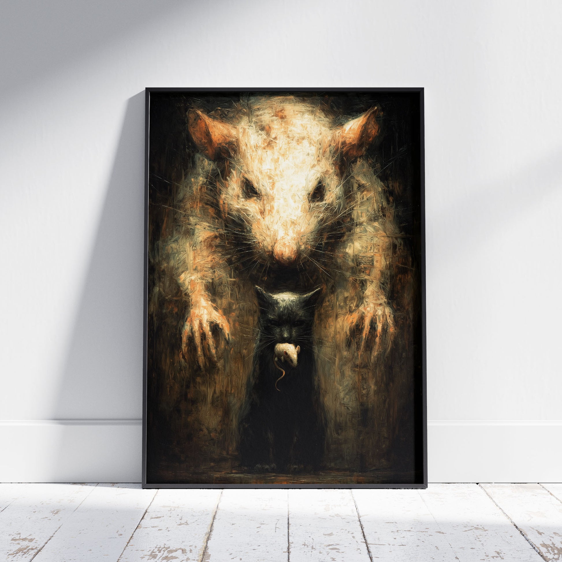 Surreal gothic rat portrait with hidden cat and mouse dark horror art print