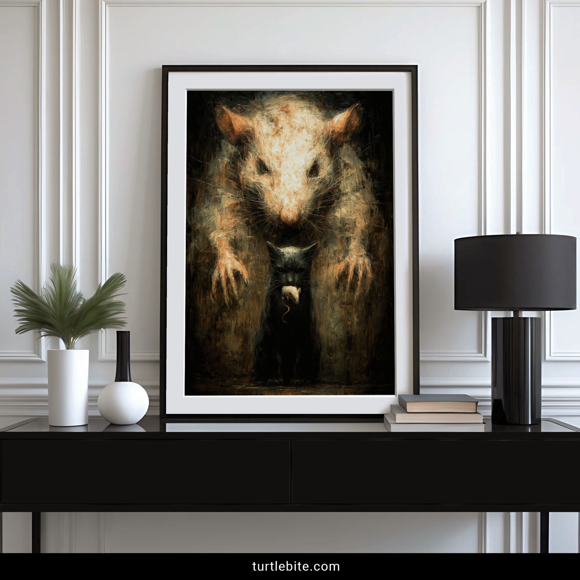 Mysterious rodent painting showing predator prey relationship in dark surreal style