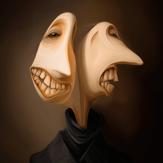 Surreal art print featuring bizarre two-faced portrait with distorted features and exposed teeth in gothic style