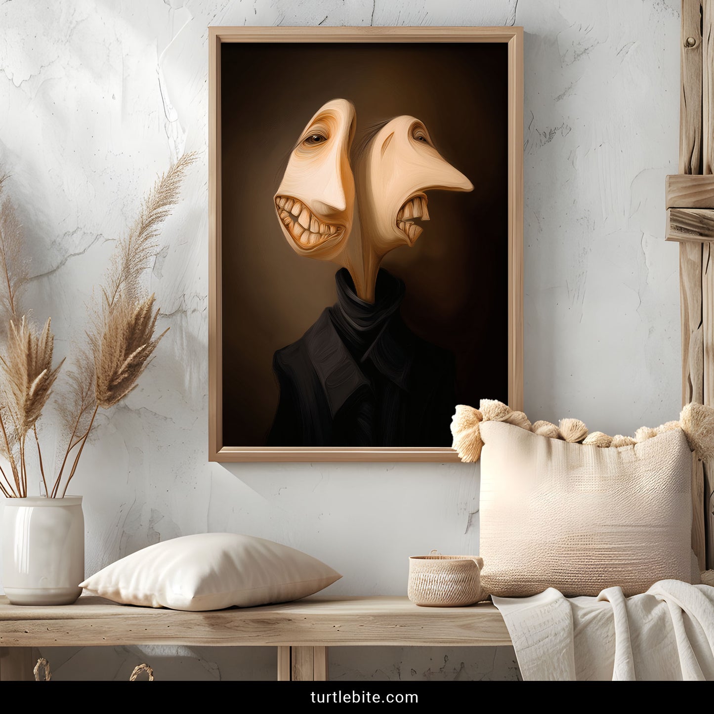 Unusual surreal artwork depicting nightmare portrait with two twisted faces sharing one body in dark tones