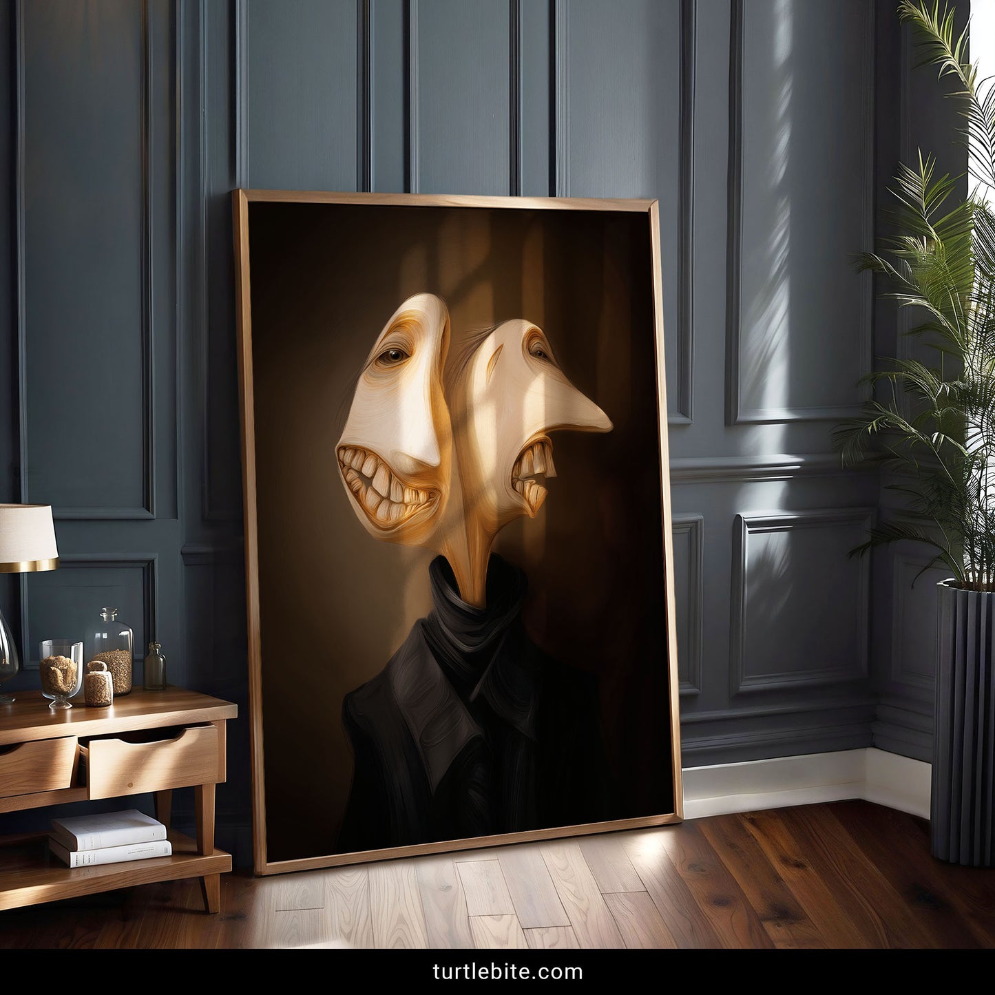 Bizarre dark art poster with surreal two-headed portrait in warm earthy colors and haunting expression