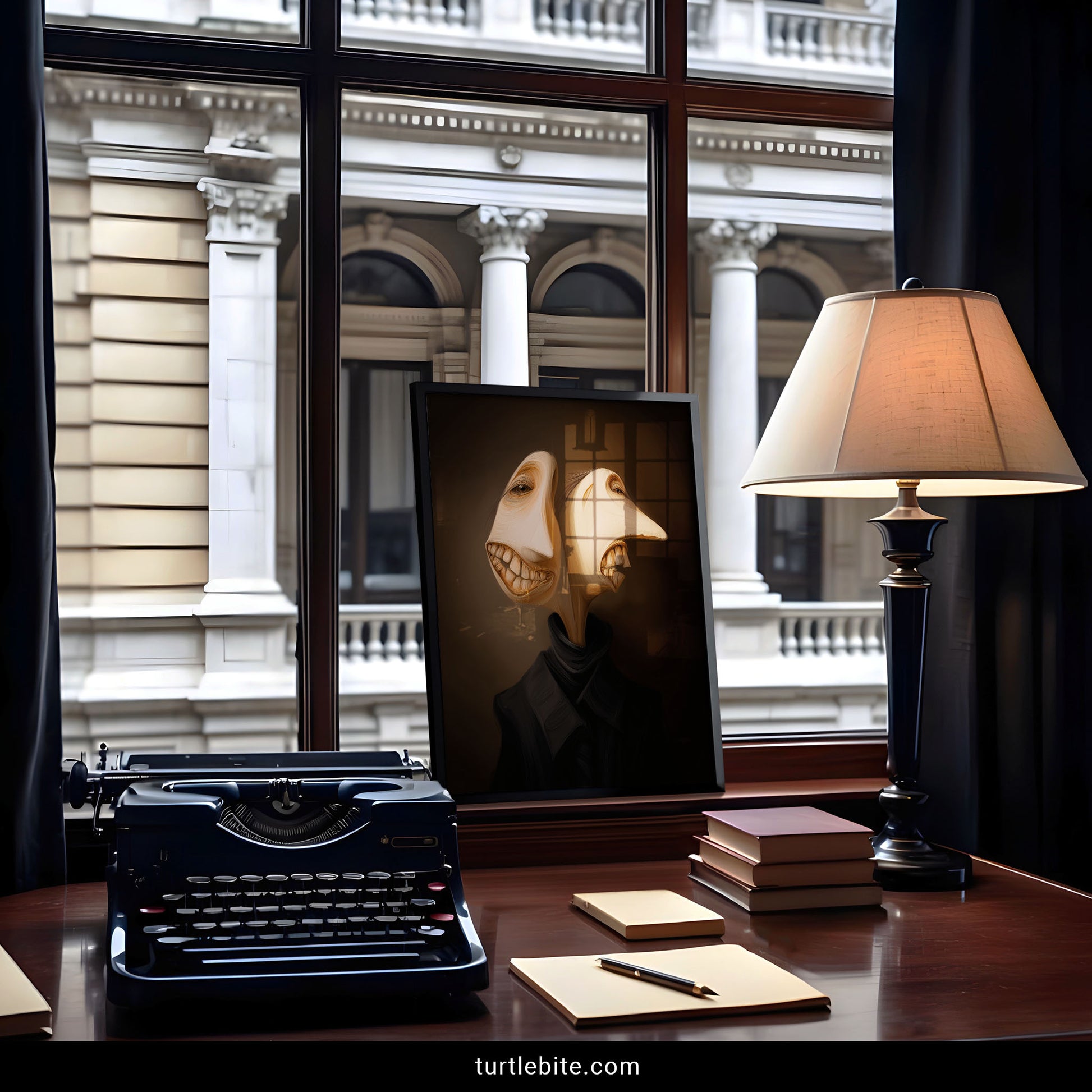 Bizarre dark art poster with surreal two-headed portrait in warm earthy colors and haunting expression