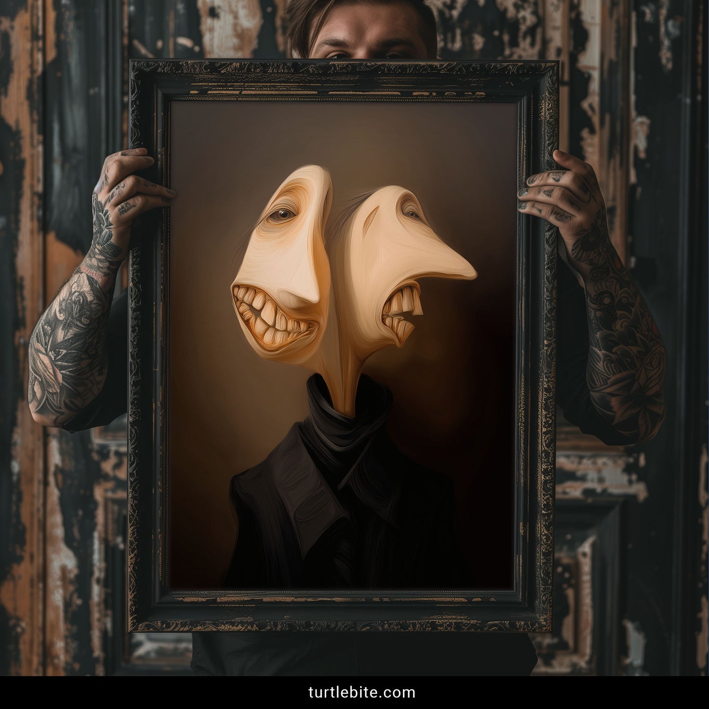 Creepy gothic art print of absurdist dual-faced character with unsettling eyes and eerie smile