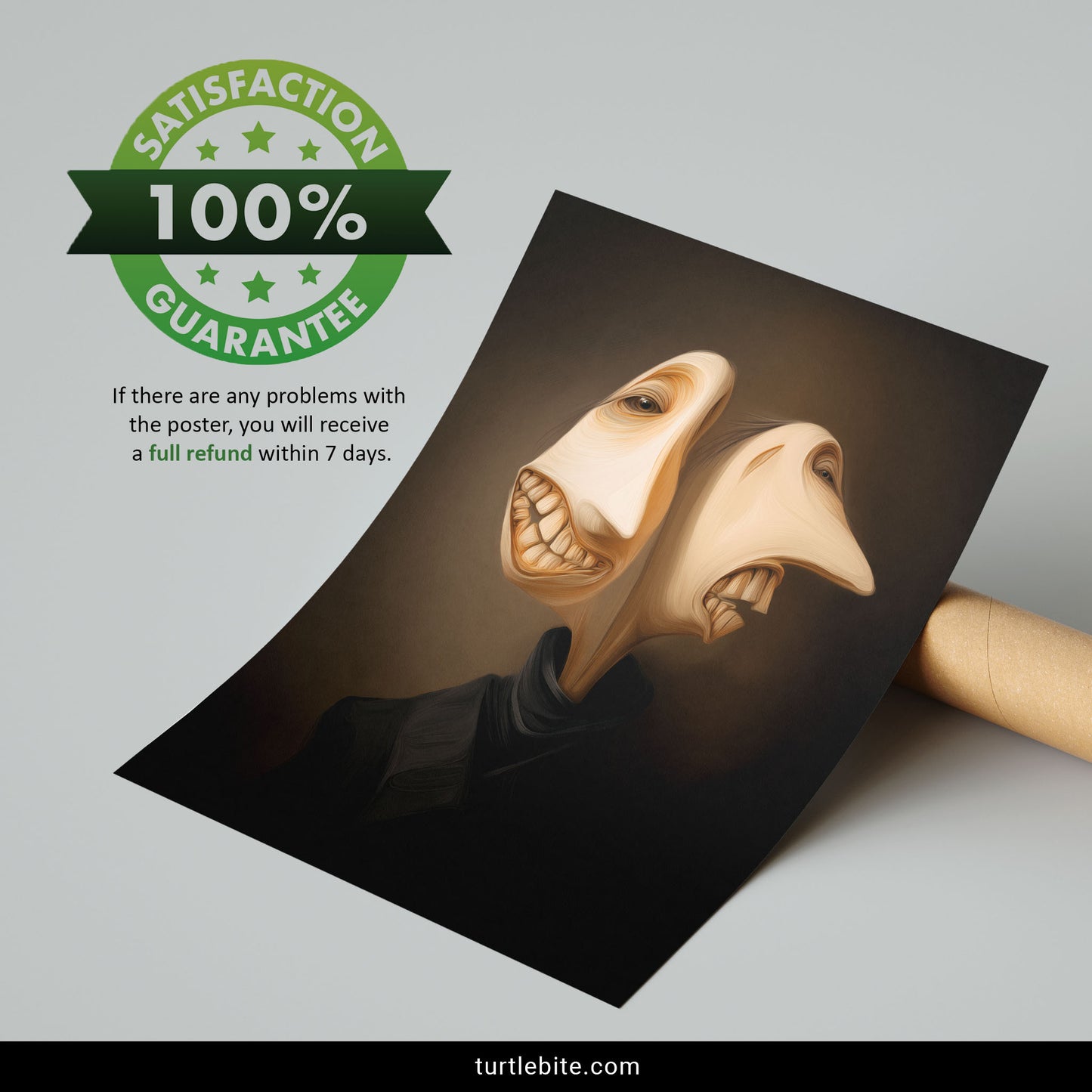 Unusual surreal artwork depicting nightmare portrait with two twisted faces sharing one body in dark tones