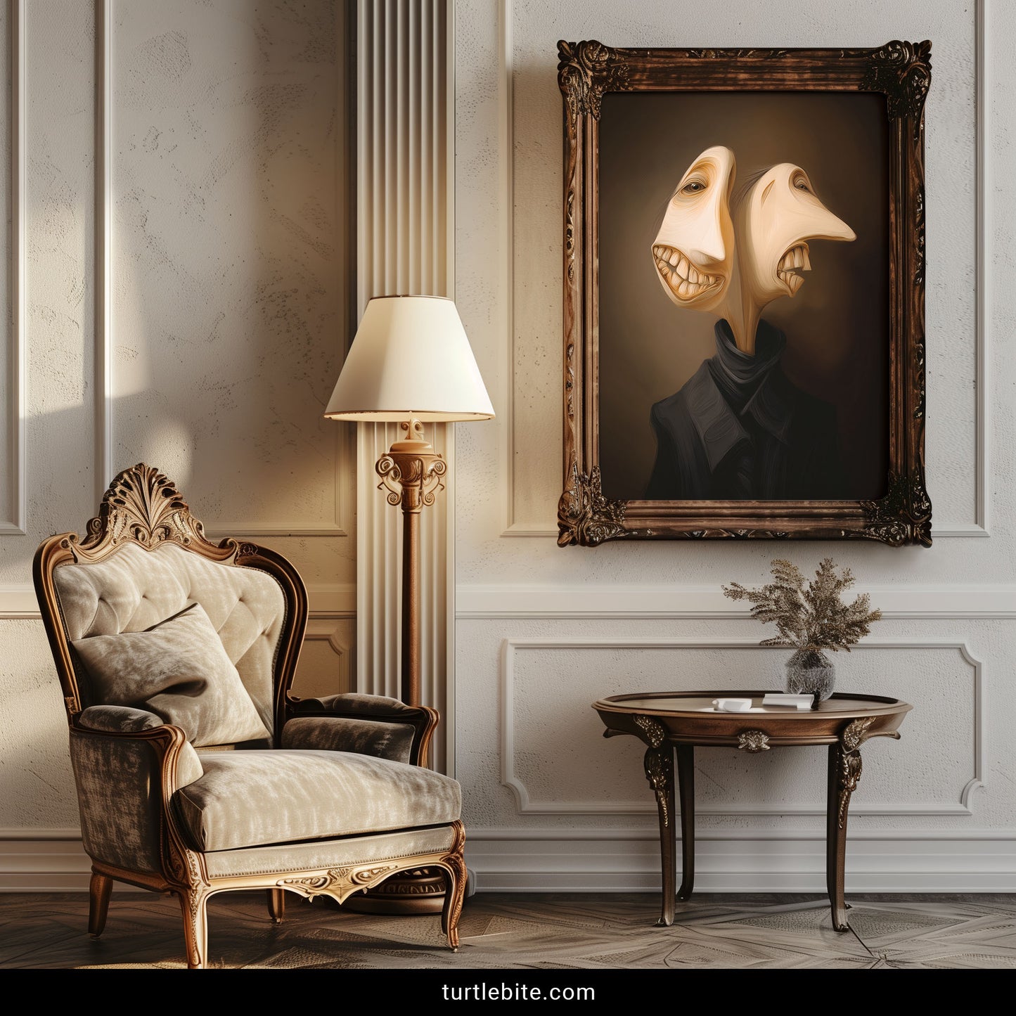 Disturbing wall art poster showing strange double-headed figure with elongated faces and creepy grinning expression