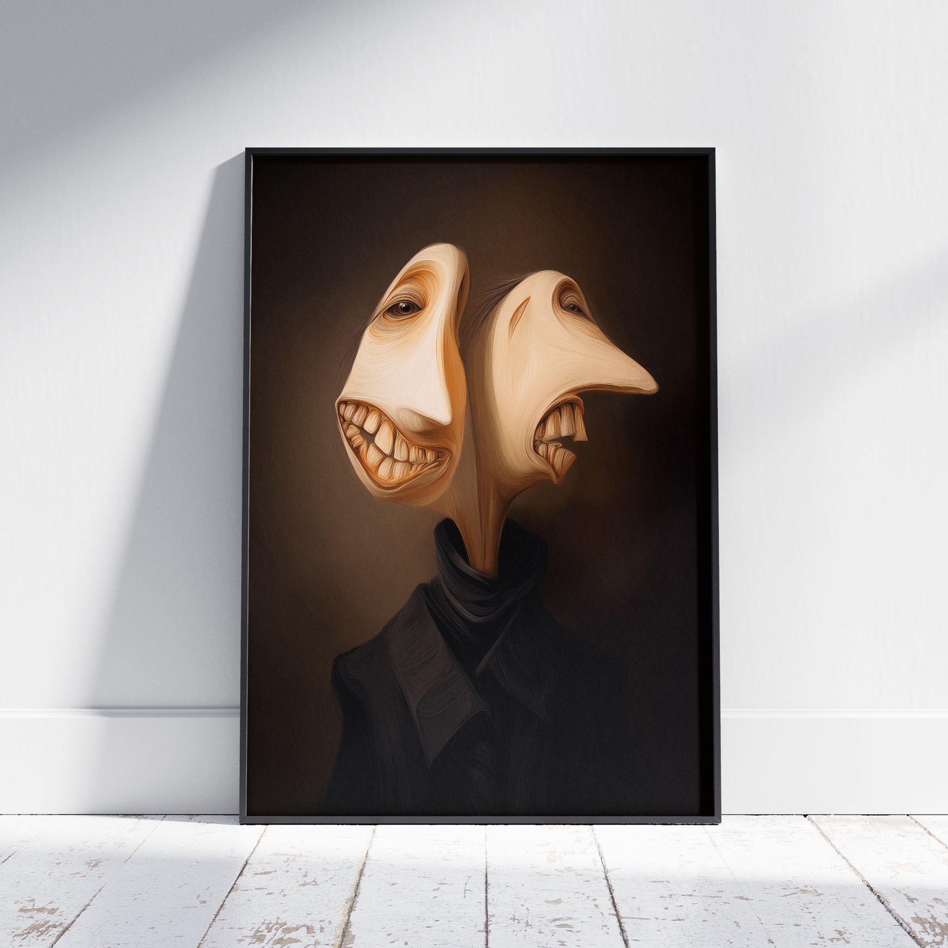 Surreal art print featuring bizarre two-faced portrait with distorted features and exposed teeth in gothic style