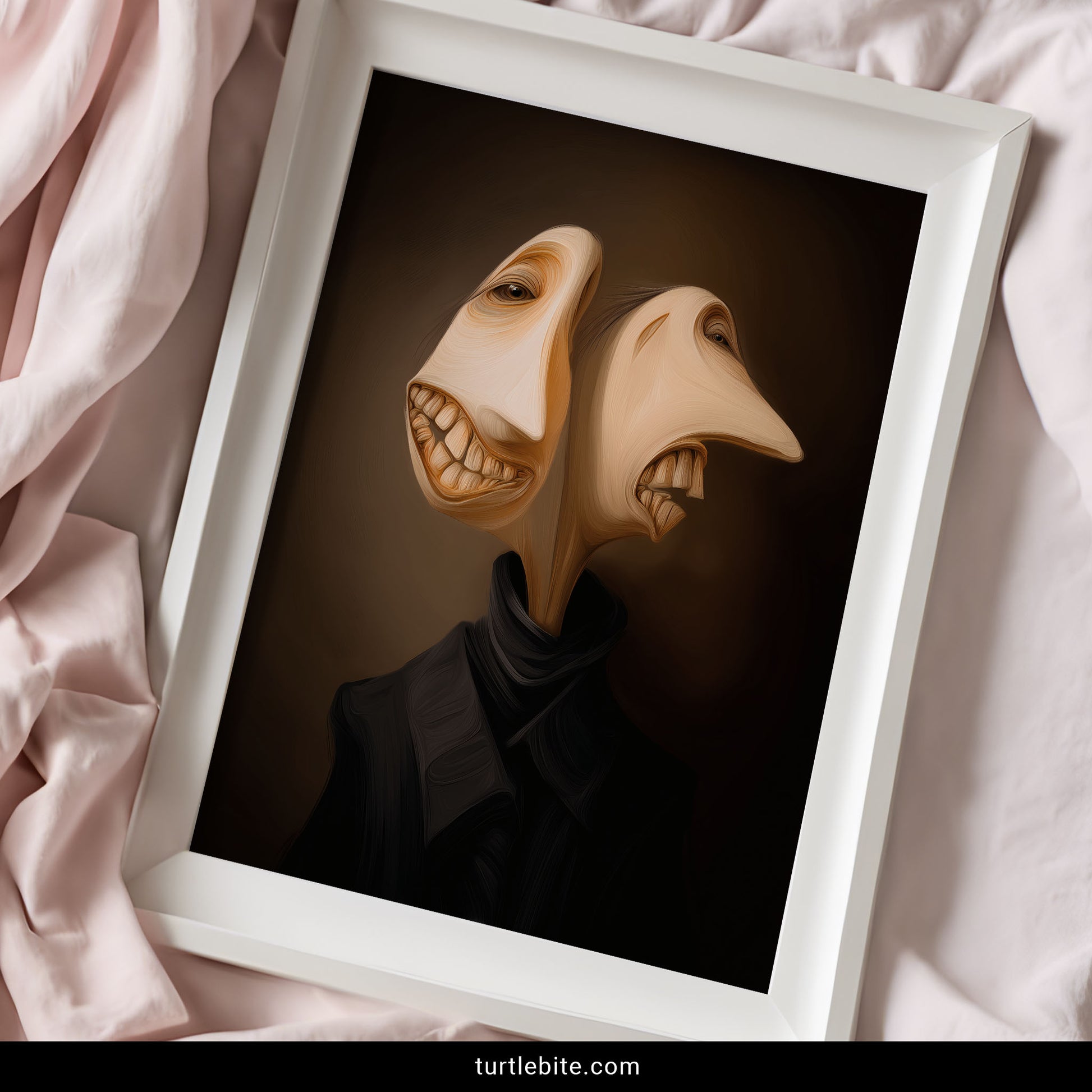Creepy gothic art print of absurdist dual-faced character with unsettling eyes and eerie smile