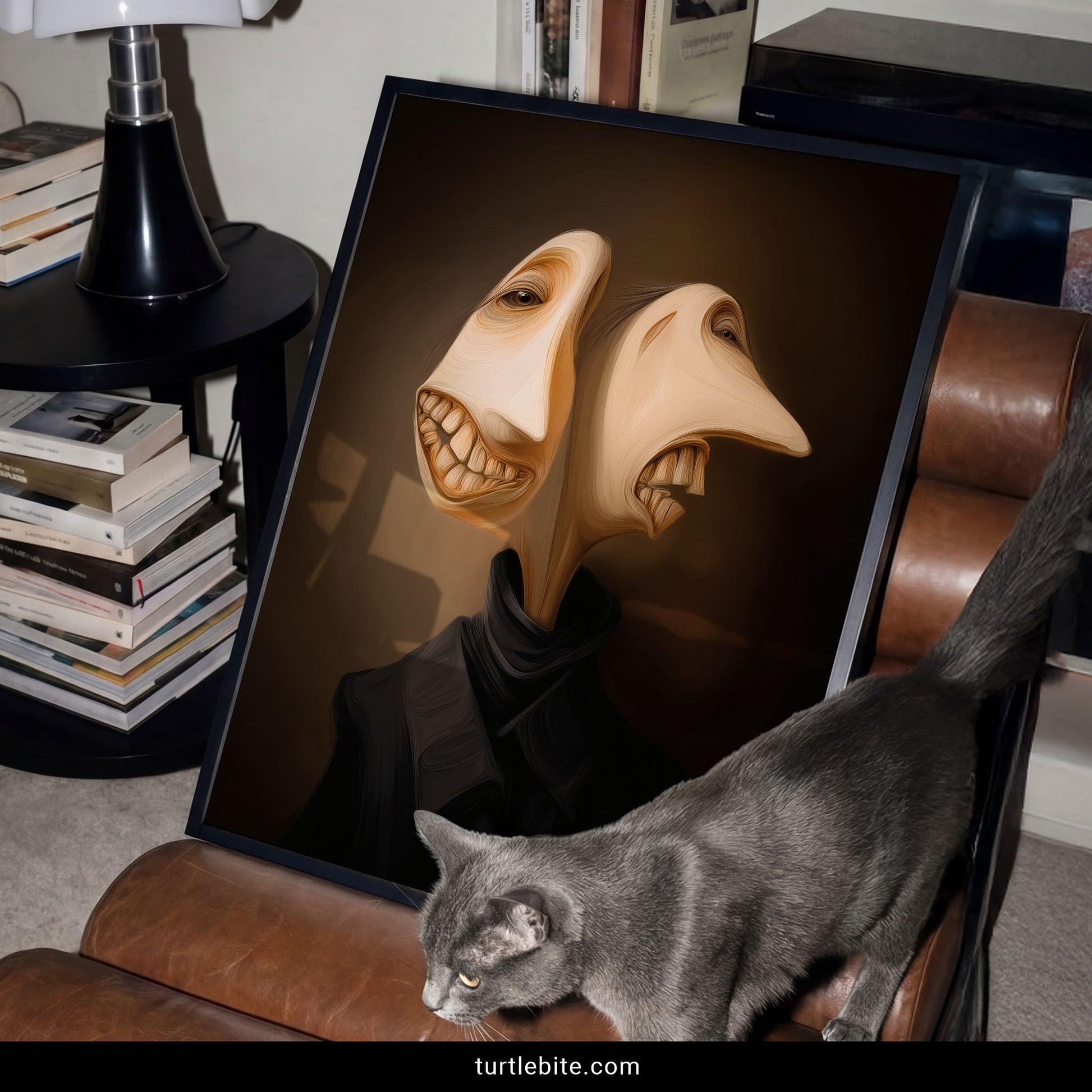 Bizarre dark art poster with surreal two-headed portrait in warm earthy colors and haunting expression