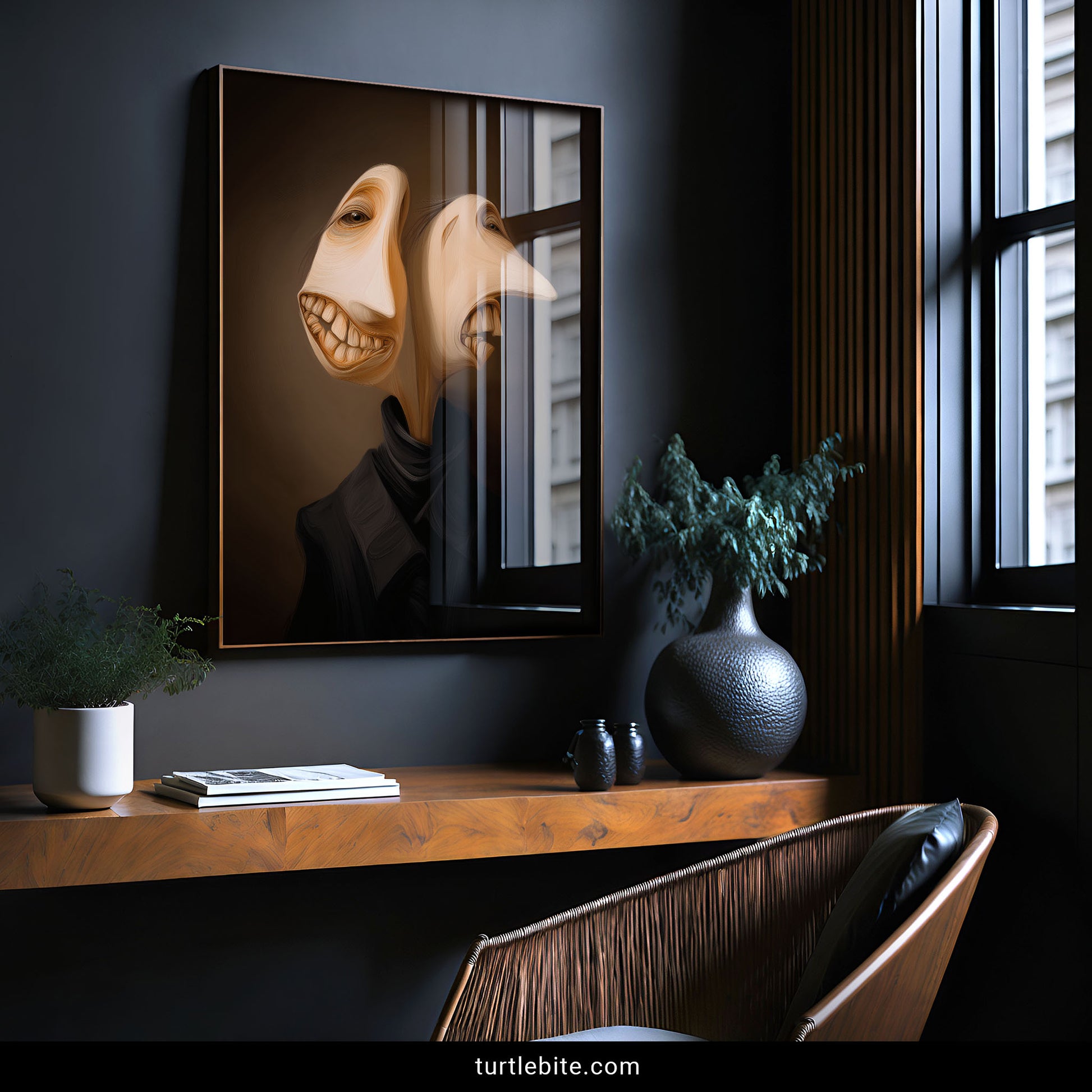 Disturbing wall art poster showing strange double-headed figure with elongated faces and creepy grinning expression