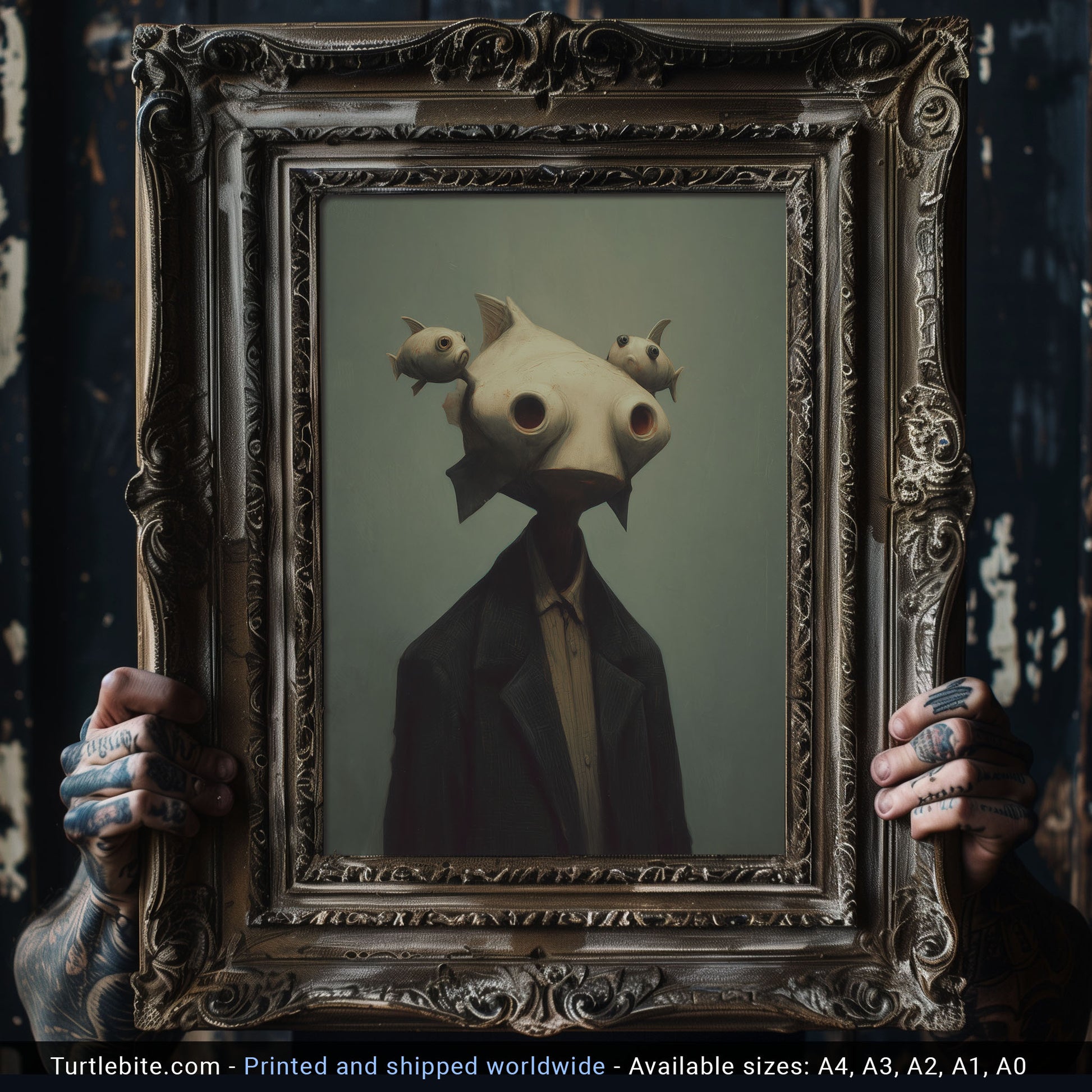 Bizarre fantasy art print showing surreal portrait of fish head person in dark formal attire