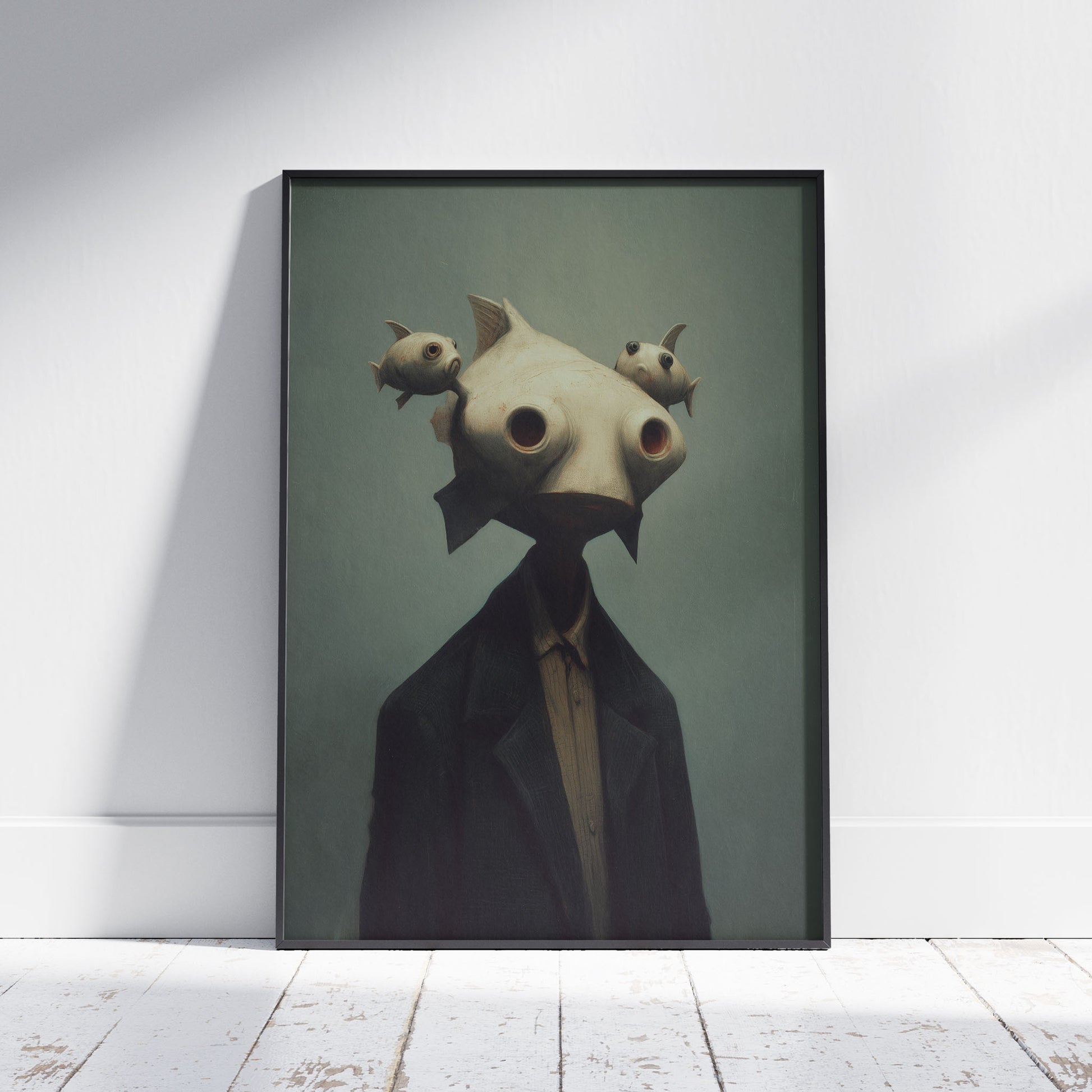 Surreal art print featuring mysterious fish head man in formal suit with floating fish companions