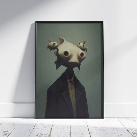 Surreal art print featuring mysterious fish head man in formal suit with floating fish companions