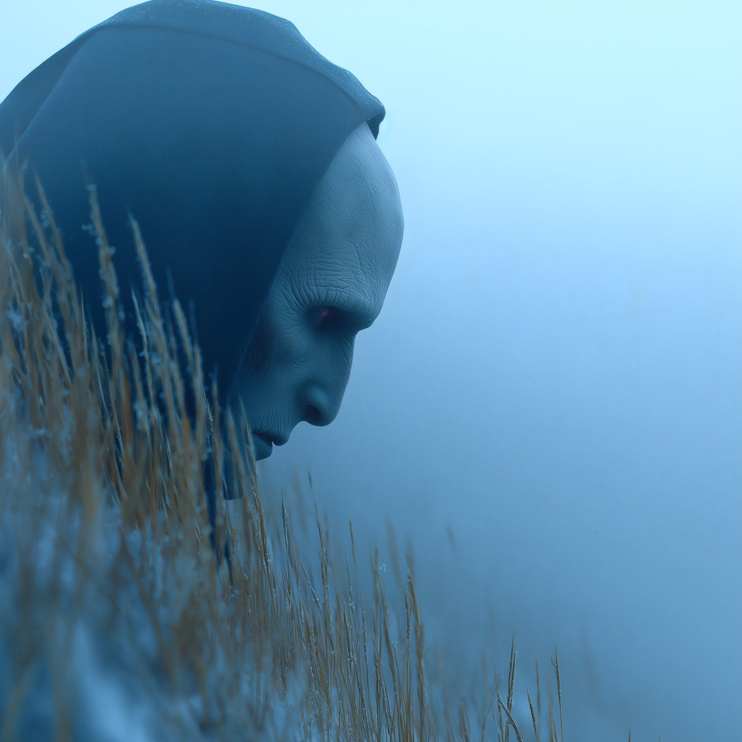 Surreal art print of mysterious hooded figure emerging from misty blue dunes with organic spikes
