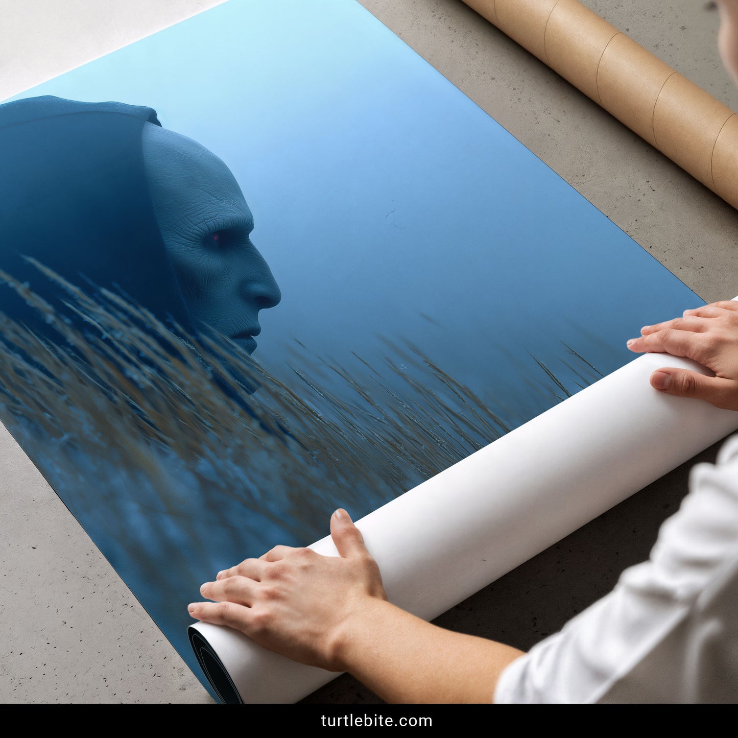 Dark art poster of mysterious entity in blue fog with disturbing organic textures and spines