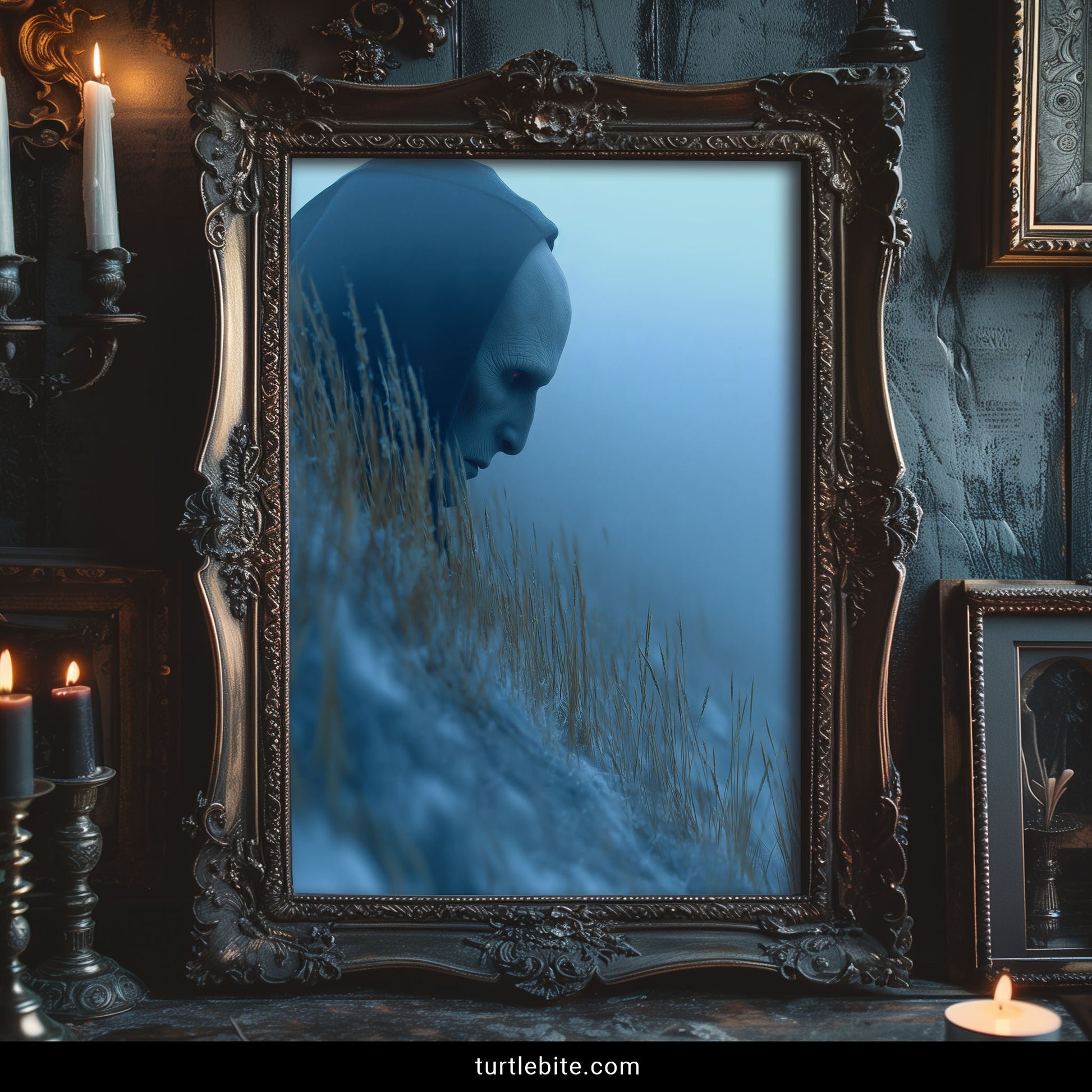 Moody blue wall art featuring faceless being blending with foggy landscape in dark fantasy style