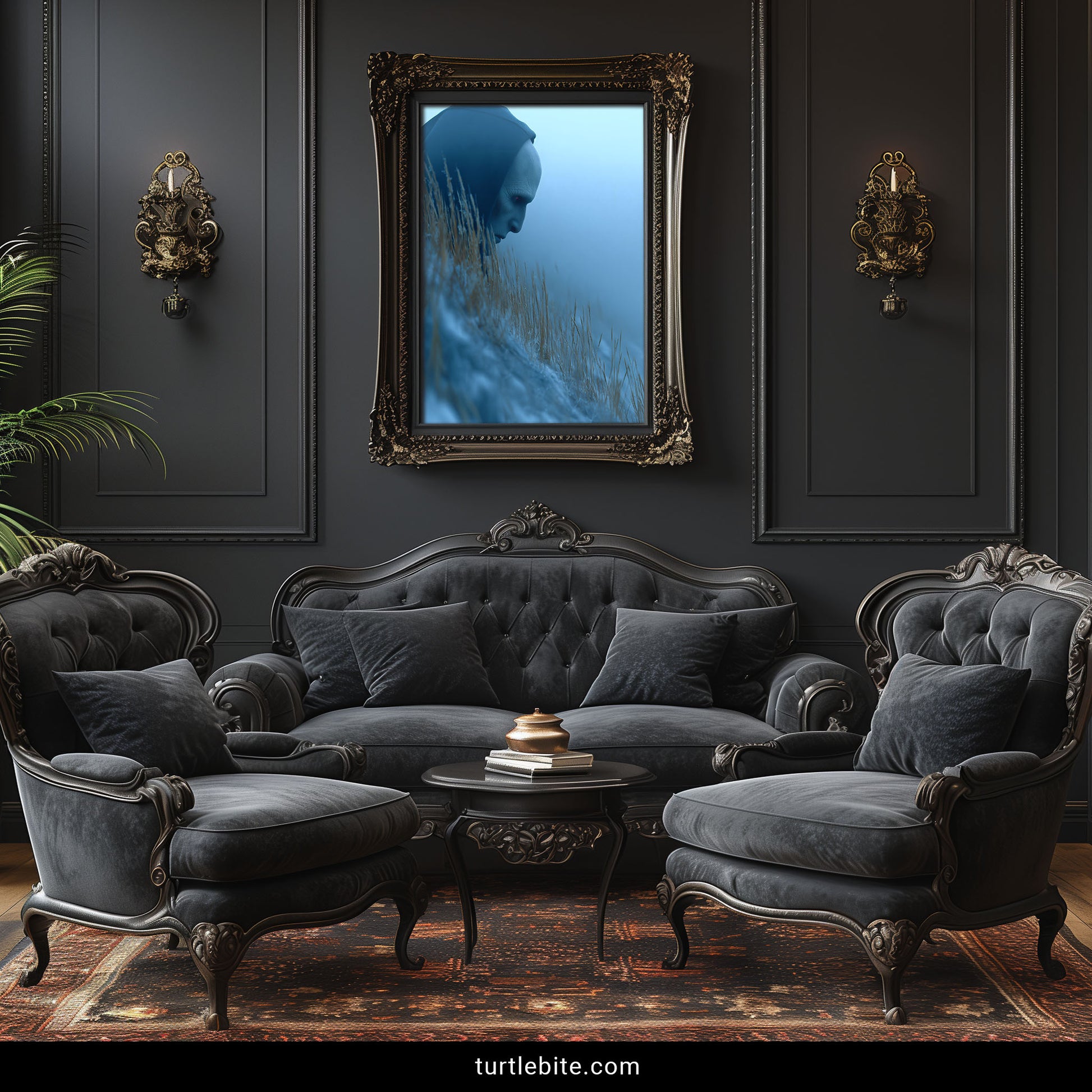 Bizarre poster showing eerie hooded creature with wheat-like stalks in atmospheric mist