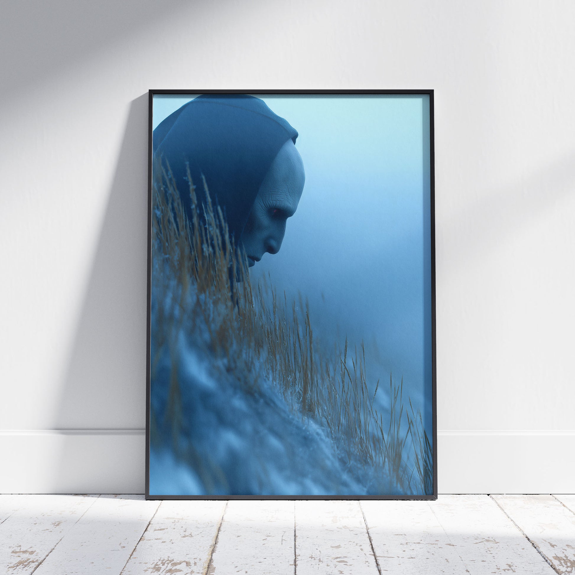 Surreal art print of mysterious hooded figure emerging from misty blue dunes with organic spikes