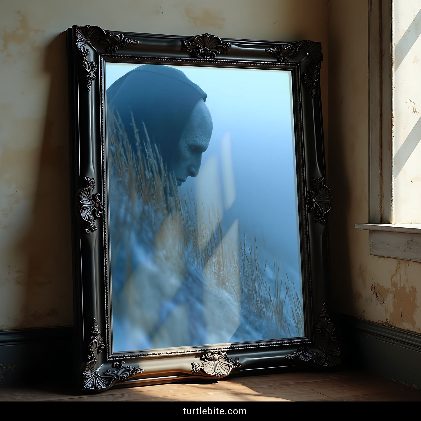 Gothic home decor print of strange humanoid figure dissolving into surreal desert environment