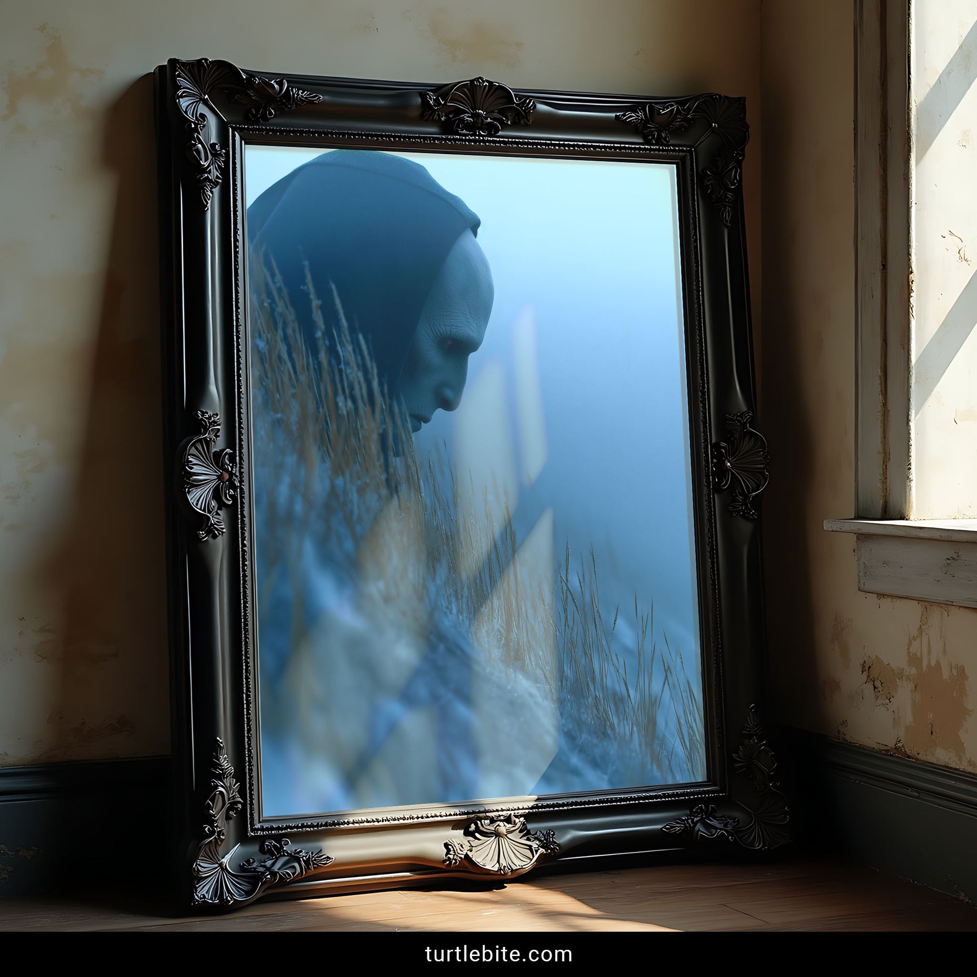 Gothic home decor print of strange humanoid figure dissolving into surreal desert environment