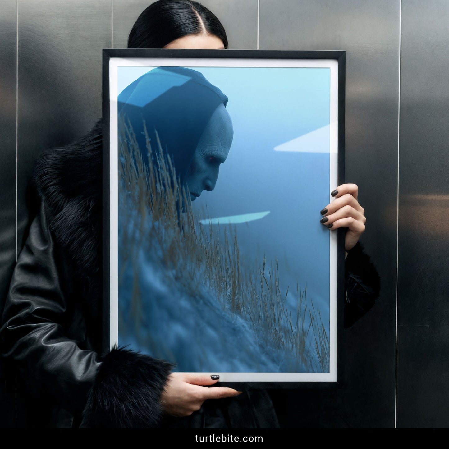 Gothic home decor print of strange humanoid figure dissolving into surreal desert environment