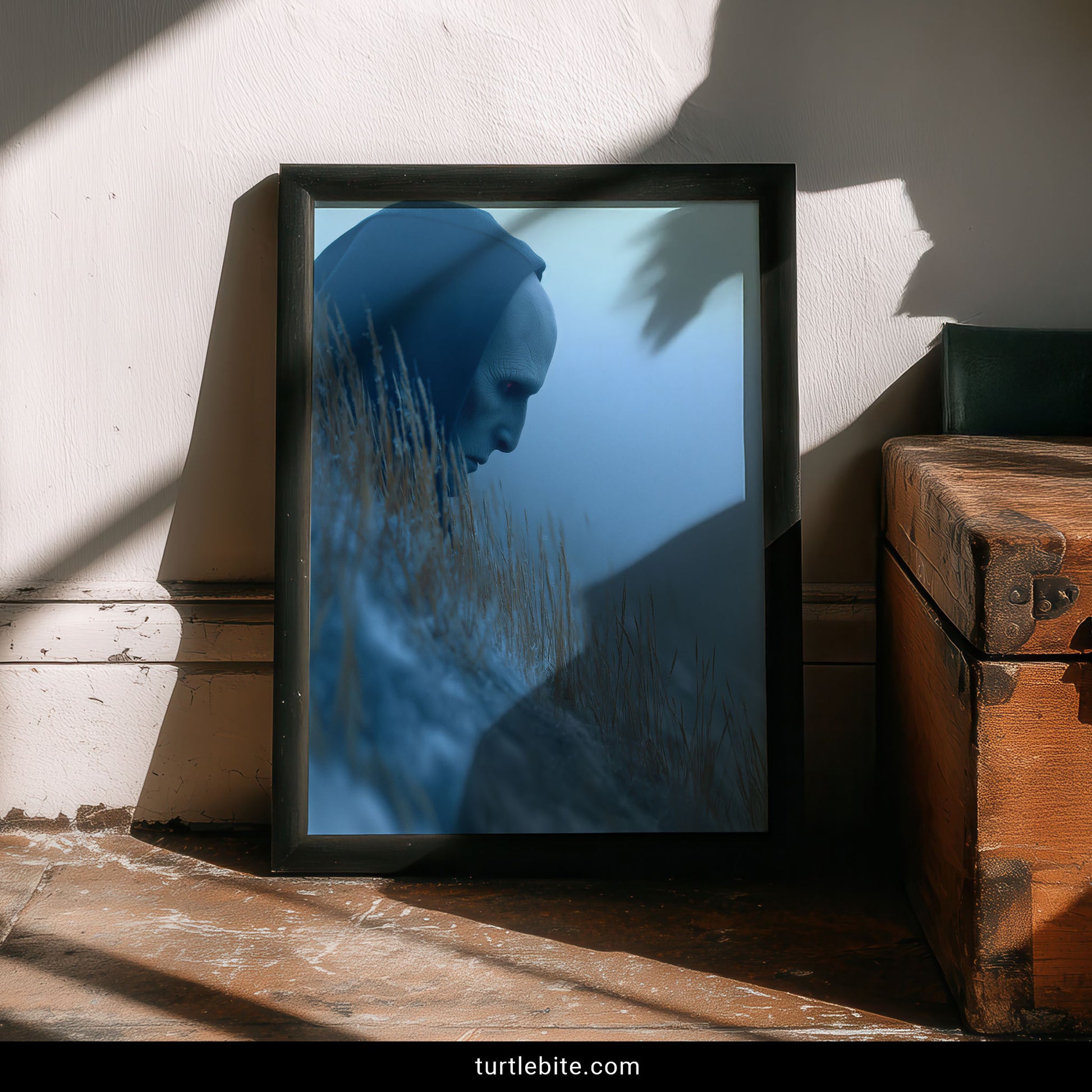 Moody blue wall art featuring faceless being blending with foggy landscape in dark fantasy style