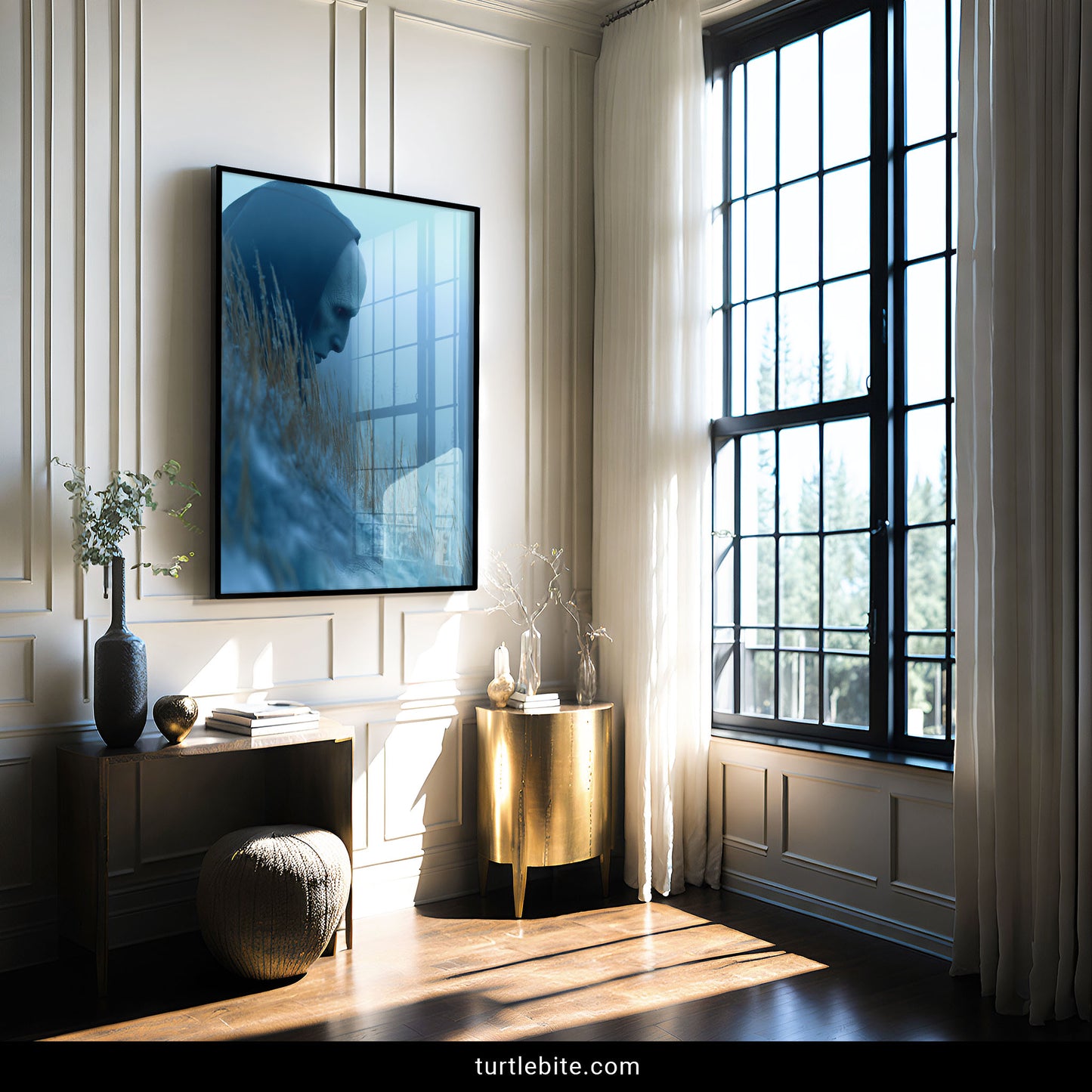 Bizarre poster showing eerie hooded creature with wheat-like stalks in atmospheric mist