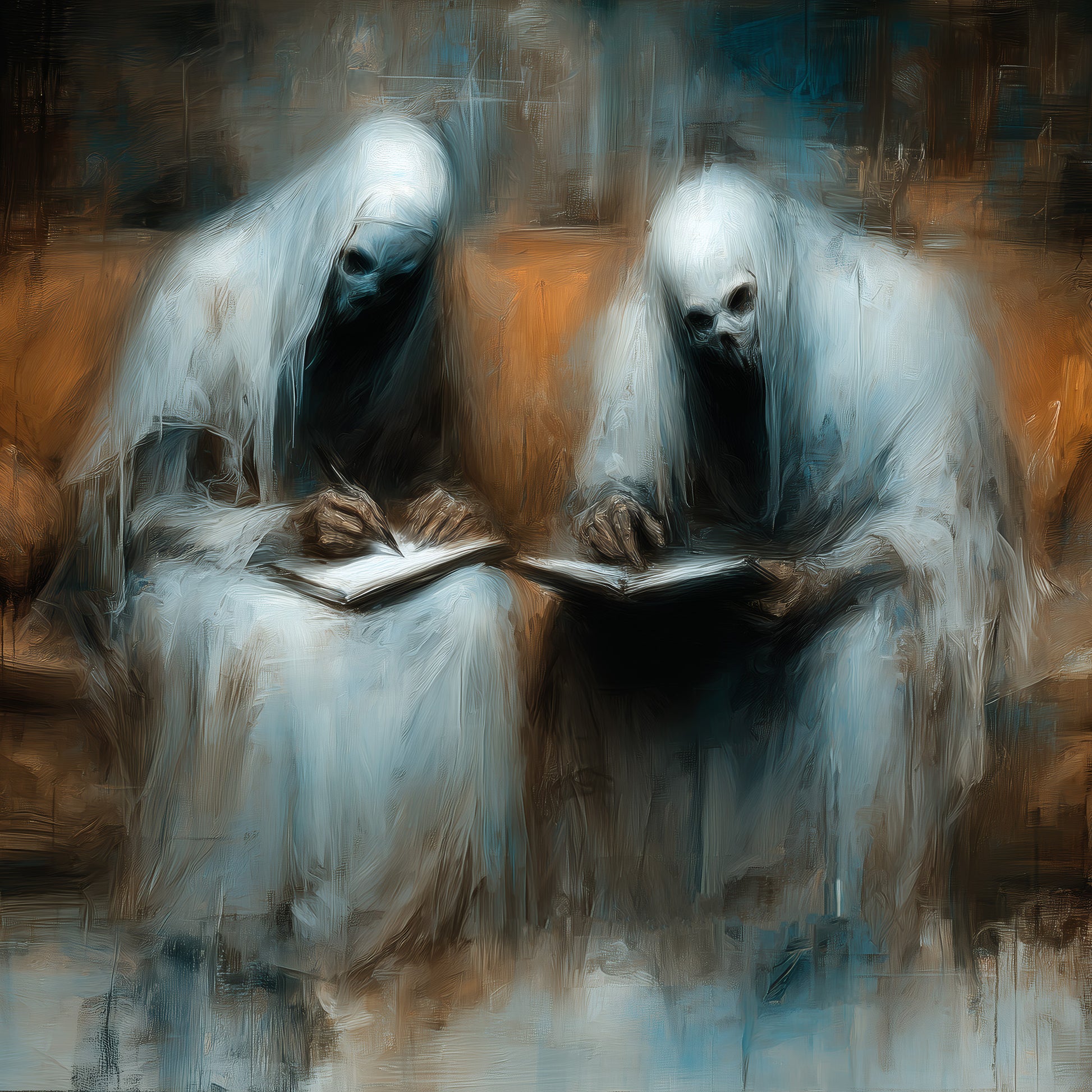 Creepy gothic wall decor depicting ghostly writers on vintage sofa in amber and teal tones