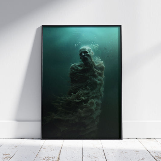 Dark underwater horror figure emerging from murky teal depths with flowing 