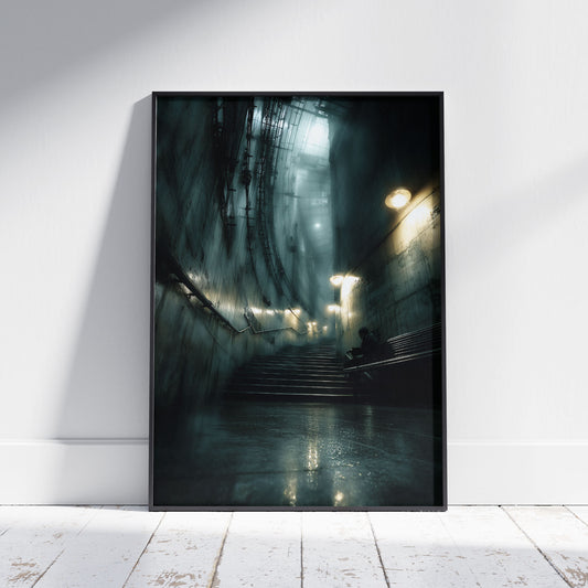 Dark urban solitude art showing lonely figure on industrial stairs with moody teal lighting and concrete walls