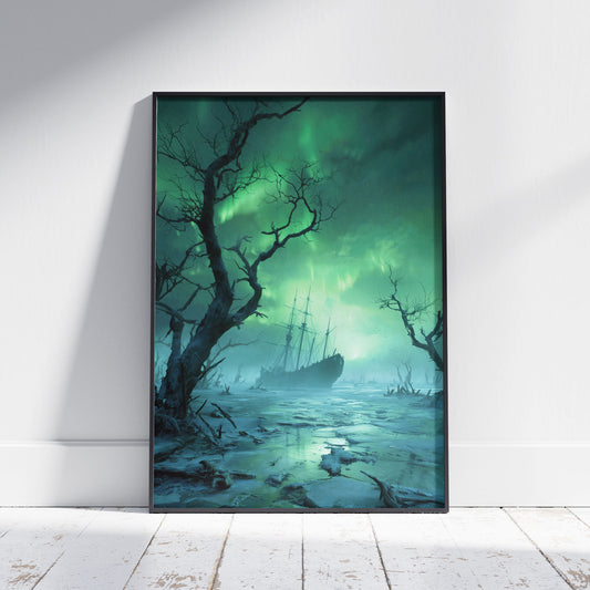 Viking ship art print showing haunted ghost vessel in frozen teal waters with aurora borealis sky