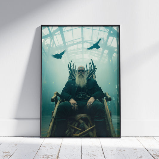 Viking warrior king with antlers sitting on wooden throne surrounded by flying ravens