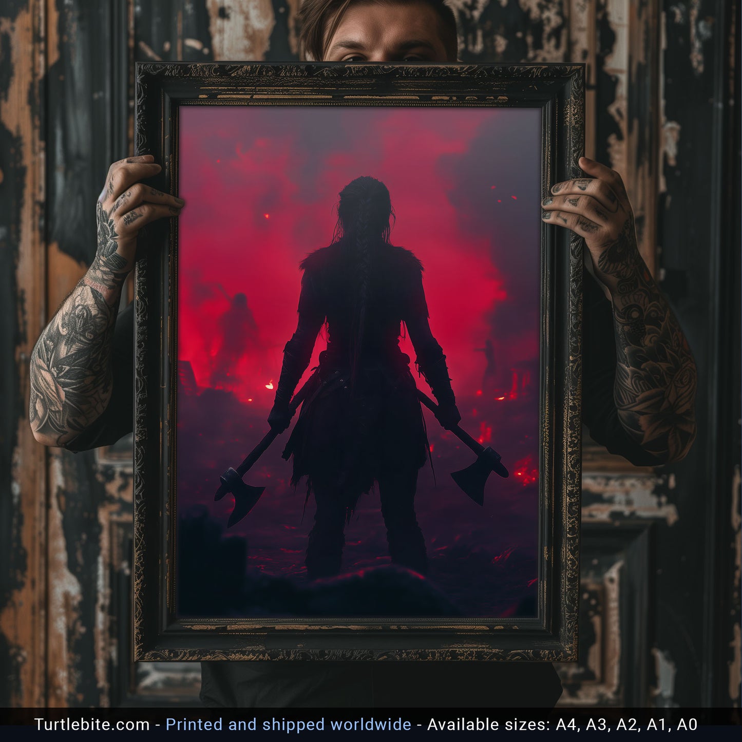Silhouetted Norse female warrior with axes against blood red sky - dark mythology poster for wall decoration