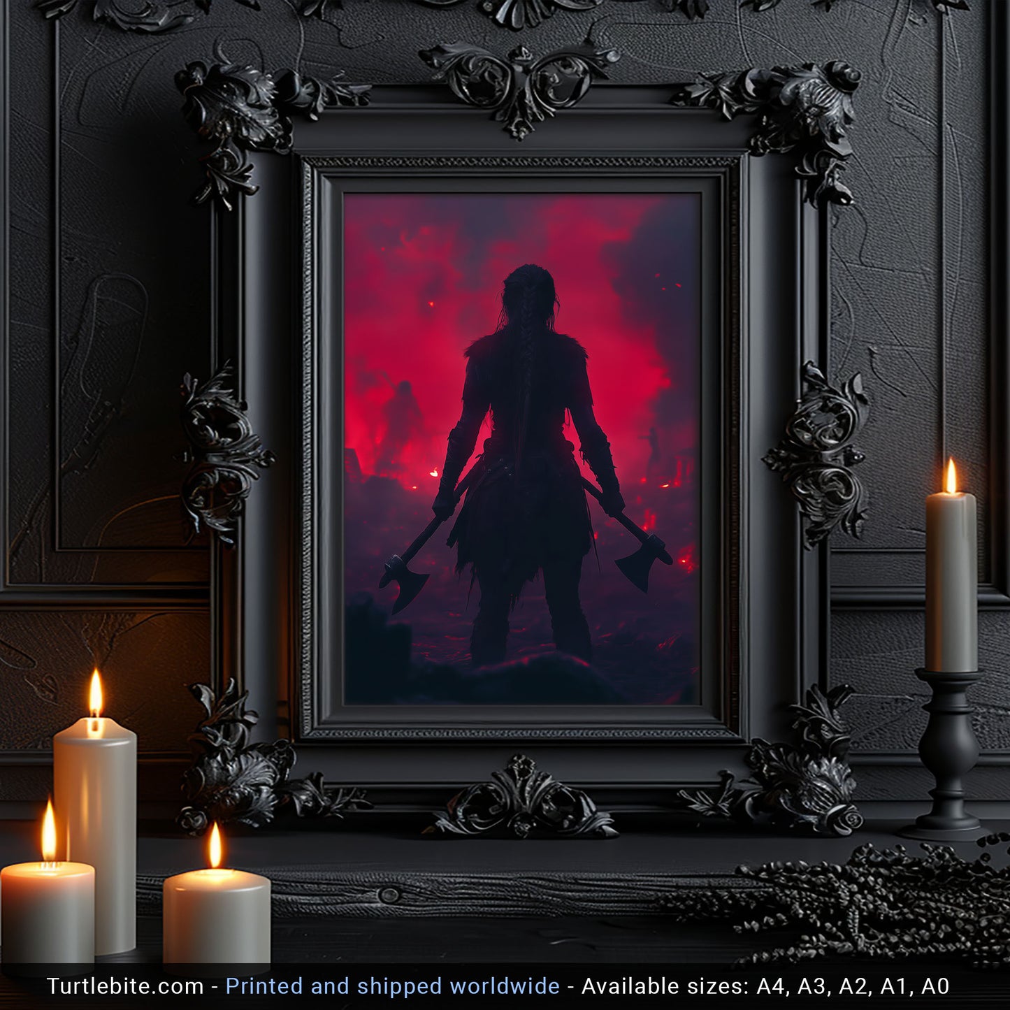Viking shieldmaiden warrior woman in dramatic red sky scene - fierce feminine Norse art print