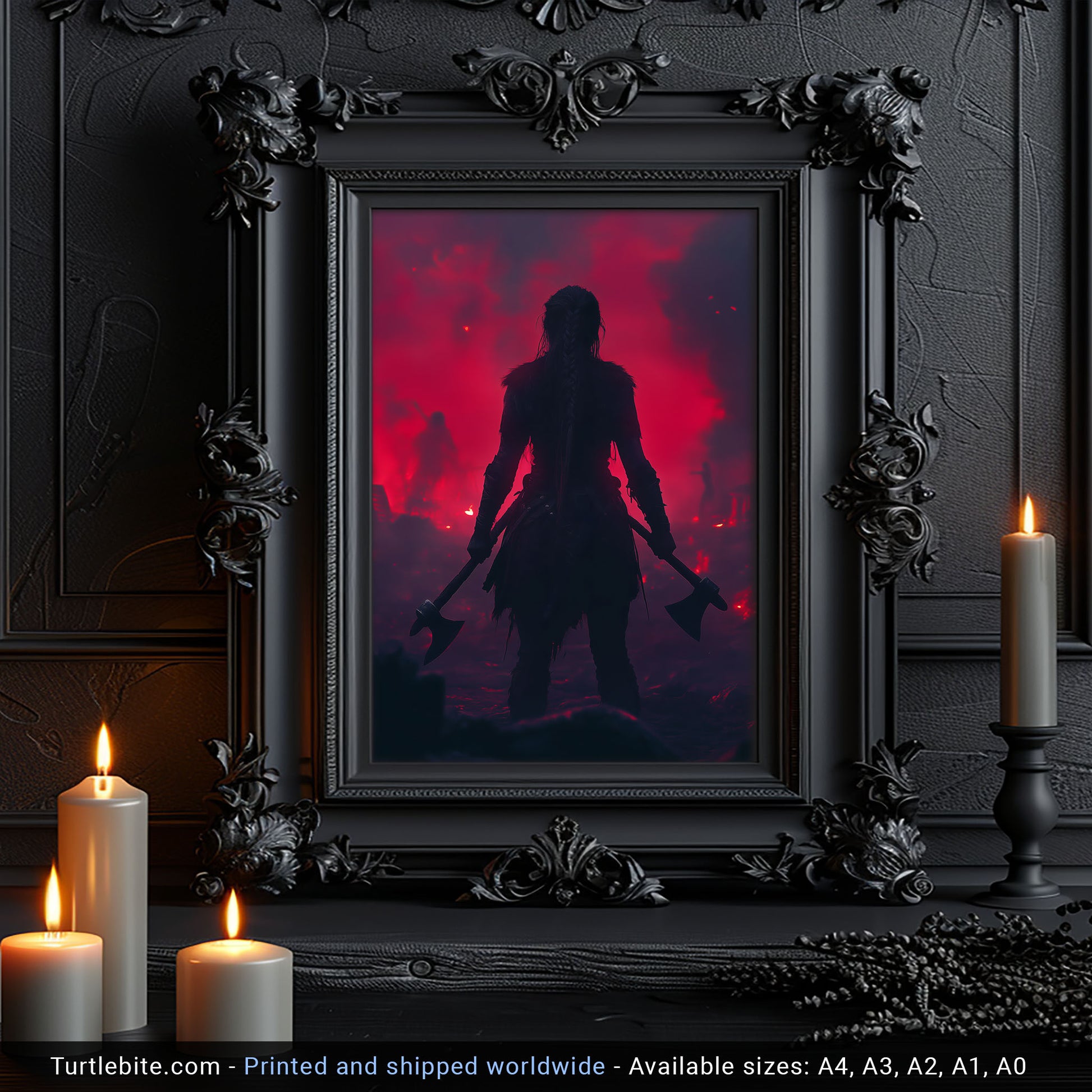 Viking shieldmaiden warrior woman in dramatic red sky scene - fierce feminine Norse art print