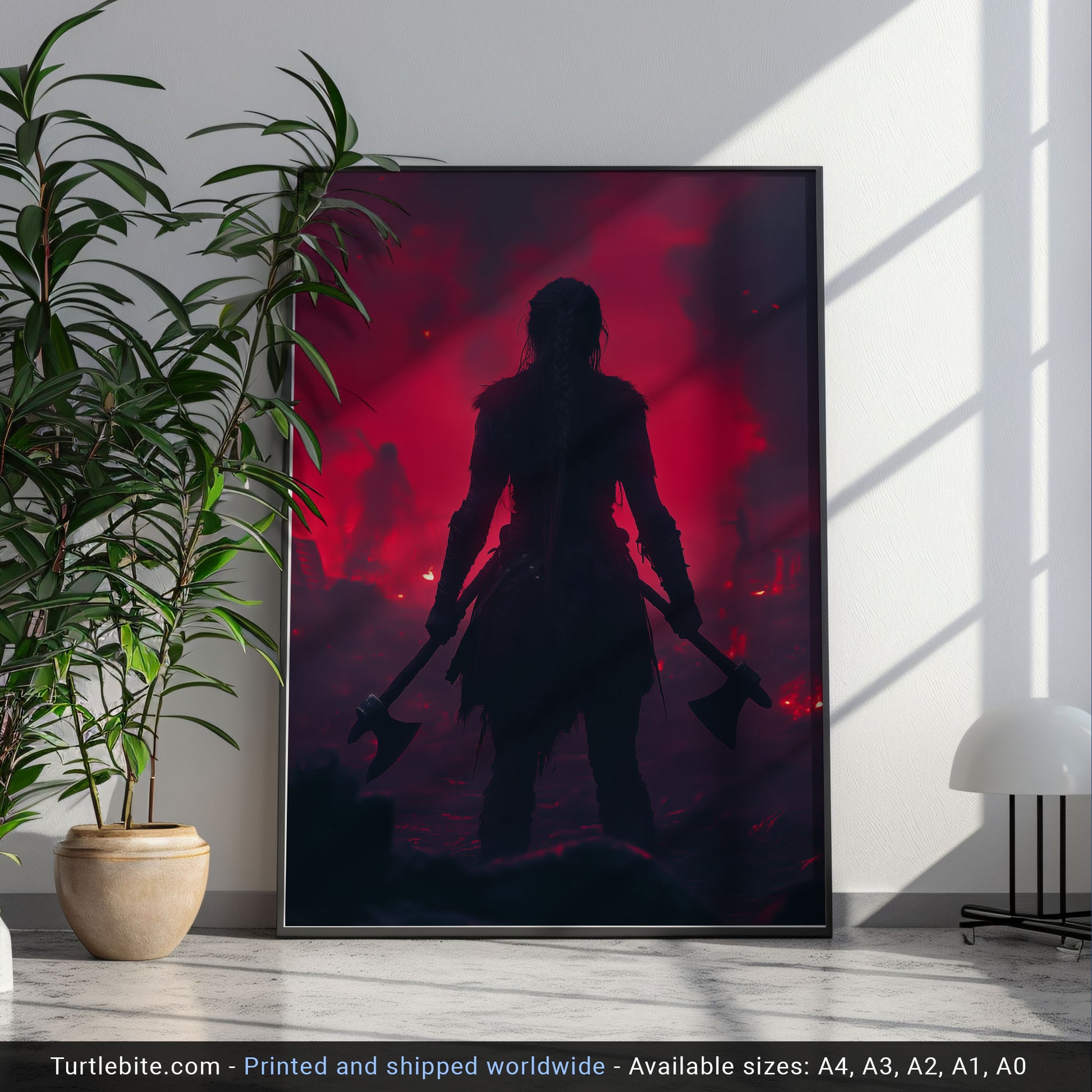 Female Viking warrior silhouette with dual battle axes - dark Norse mythology wall art against crimson sky