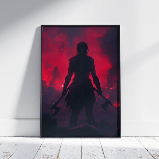 Female Viking warrior silhouette holding dual axes against dramatic red apocalyptic sky - dark Norse mythology wall art