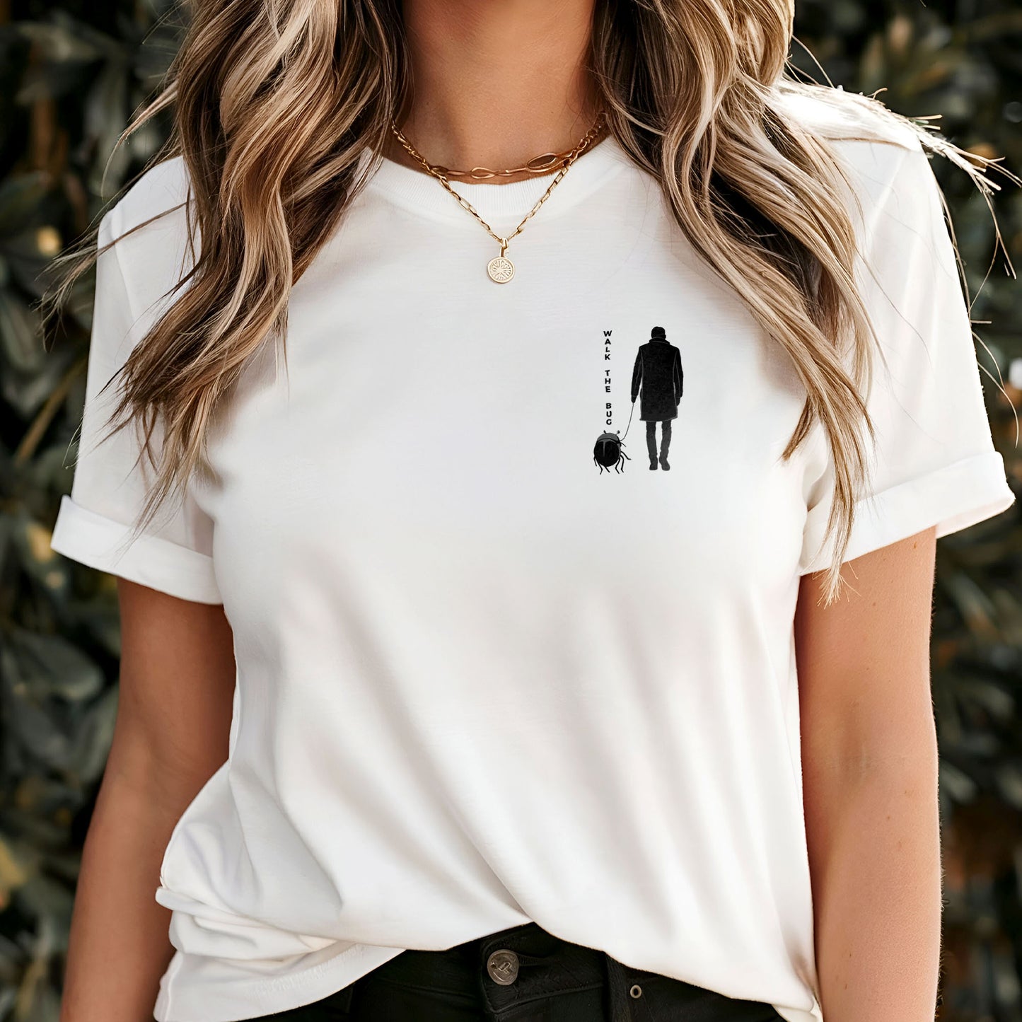 Model wearing walk the bug shirt, minimalist gothic surrealism graphic