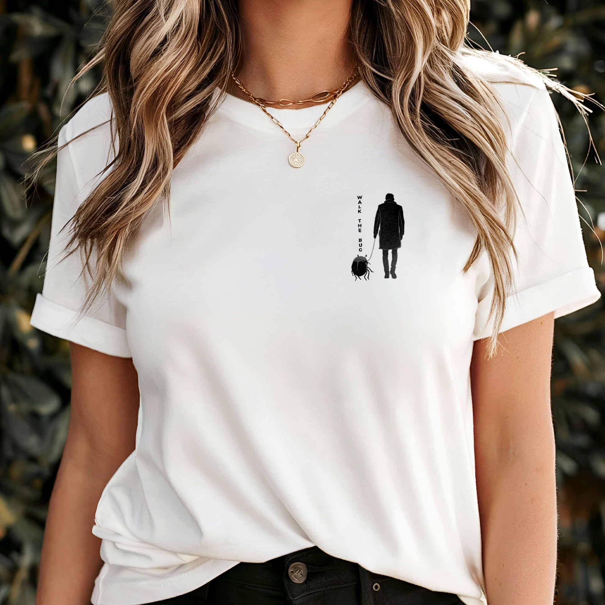 Model wearing walk the bug shirt, minimalist gothic surrealism graphic