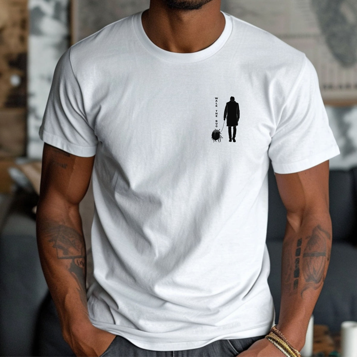 Model wearing walk the bug shirt, minimalist gothic surrealism graphic