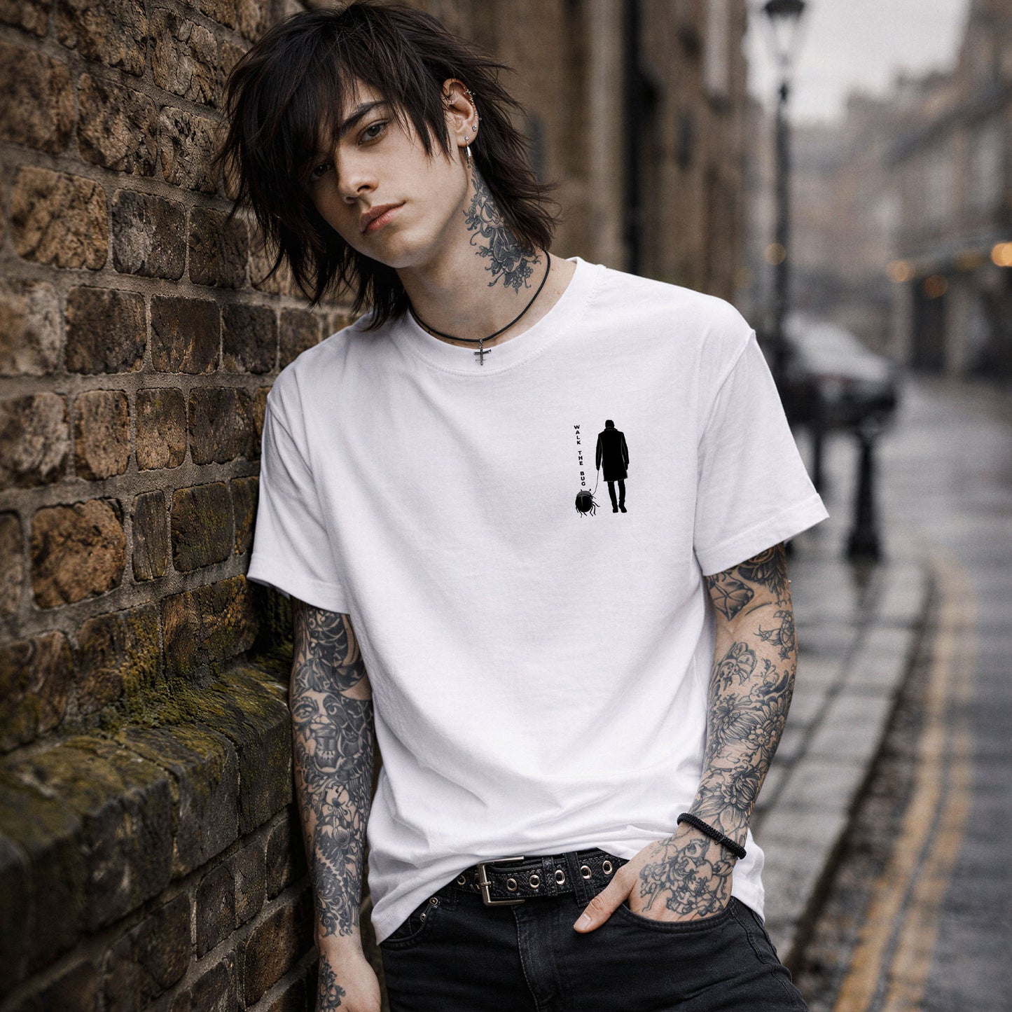 Model wearing walk the bug shirt, minimalist gothic surrealism graphic