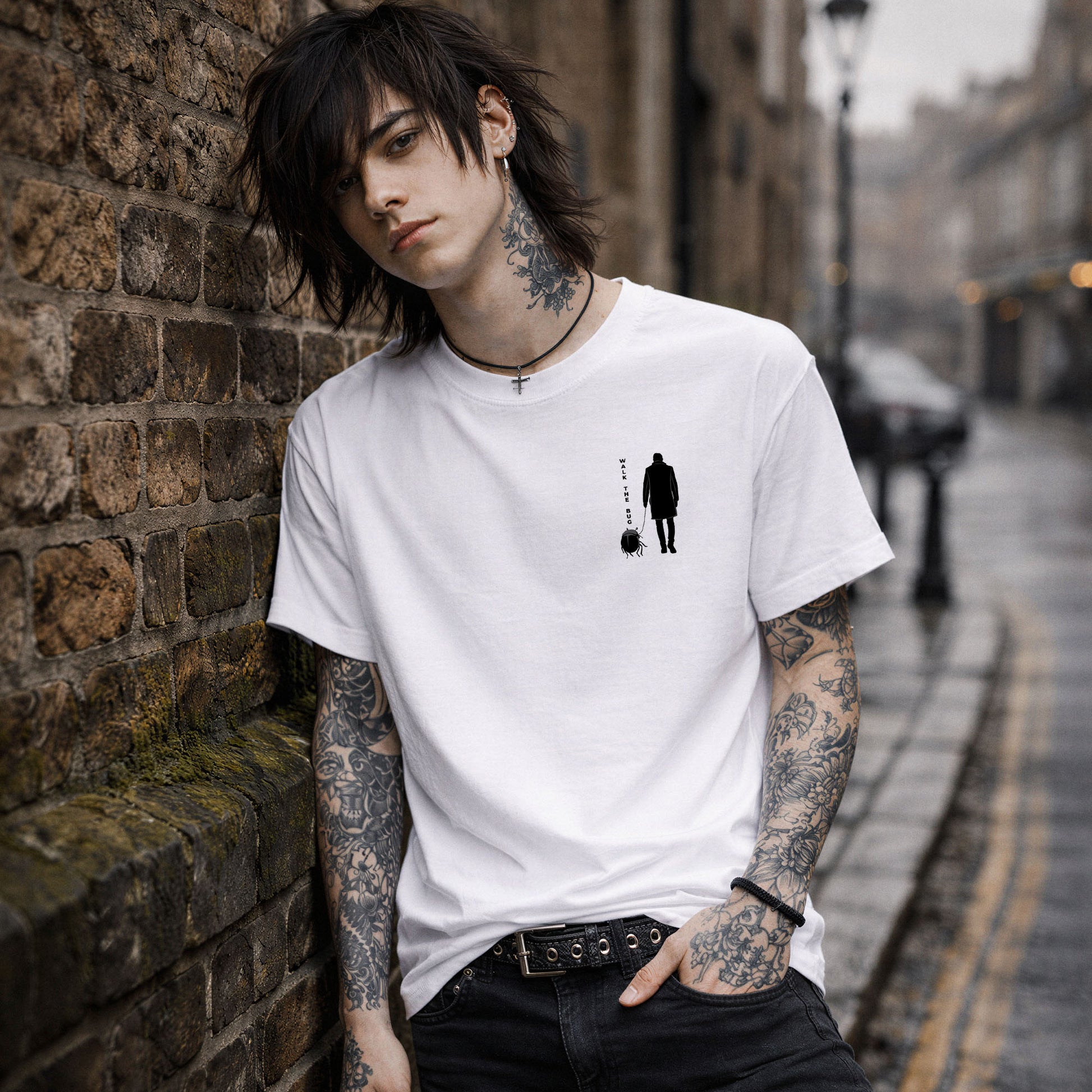 Model wearing walk the bug shirt, minimalist gothic surrealism graphic