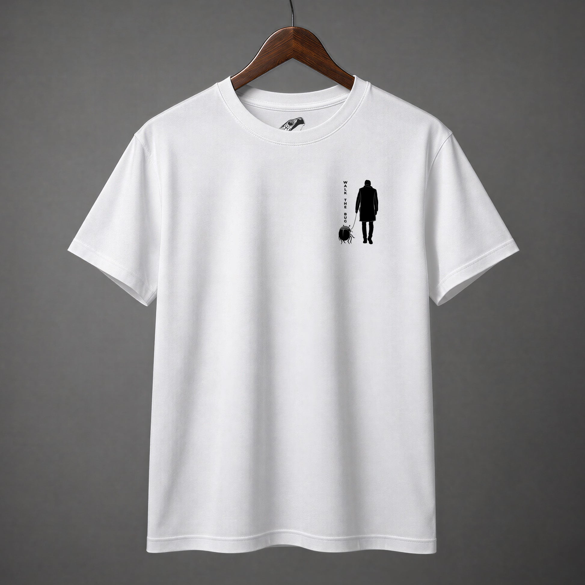 Walk the bug shirt with silhouette of man walking a giant beetle on a leash