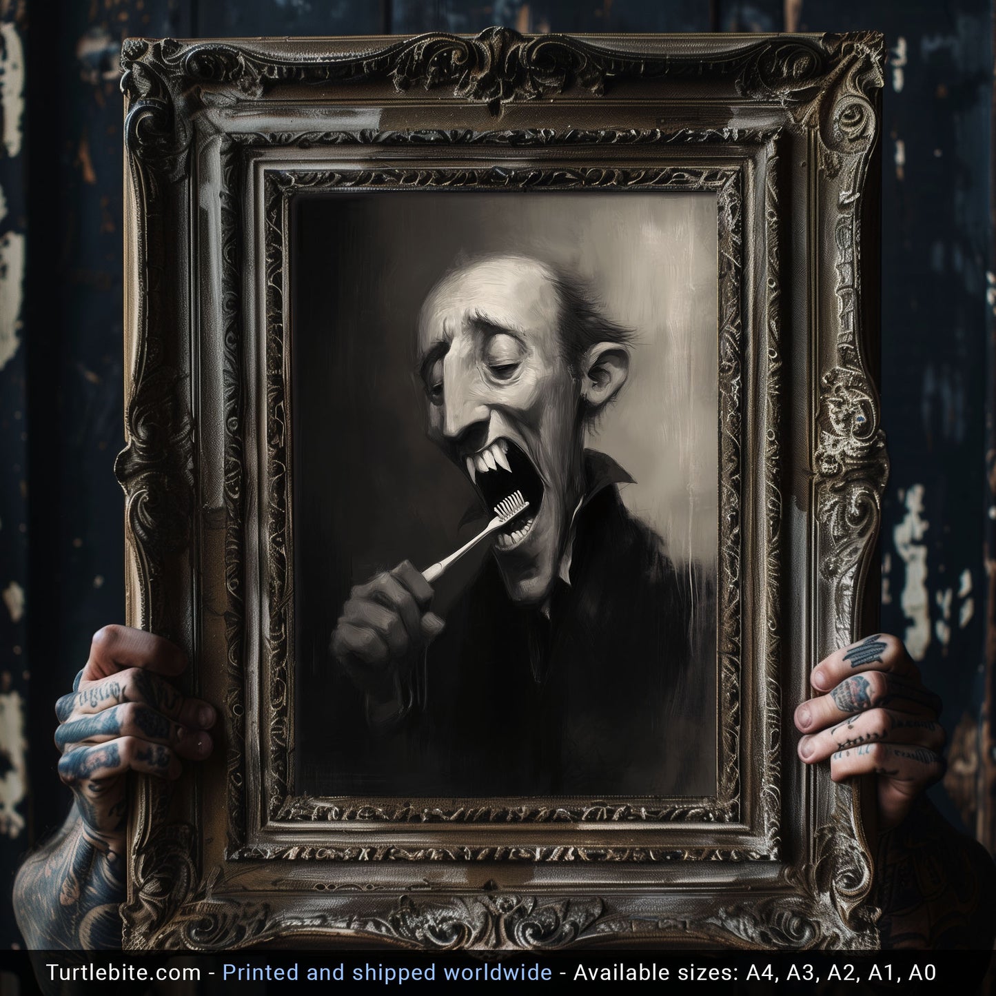 Graf Draculas Dental Care Poster Print, Dark Humor, Moody Gothic Painting Wall Art for Bathroom