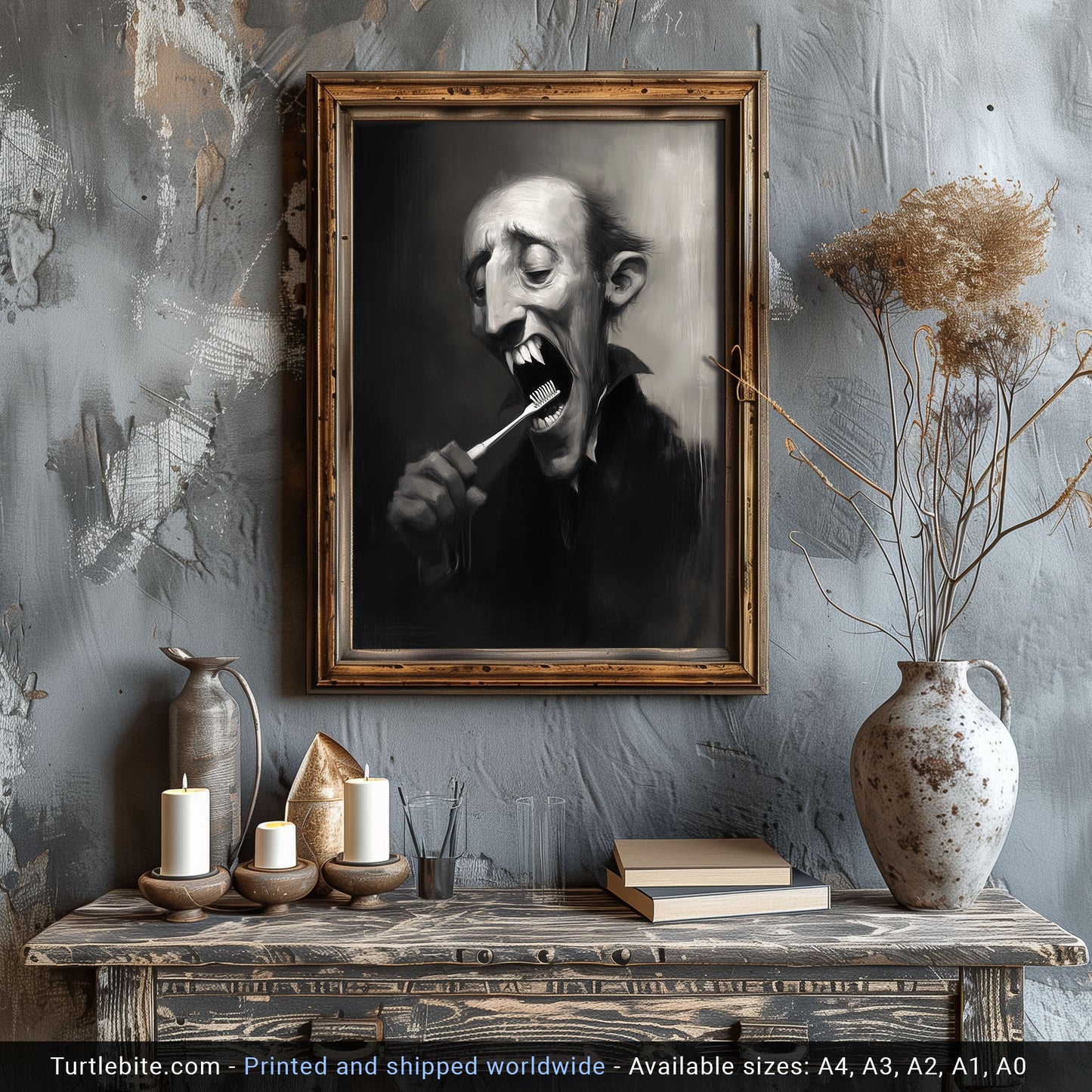 Graf Draculas Dental Care Poster Print, Dark Humor, Moody Gothic Painting Wall Art for Bathroom