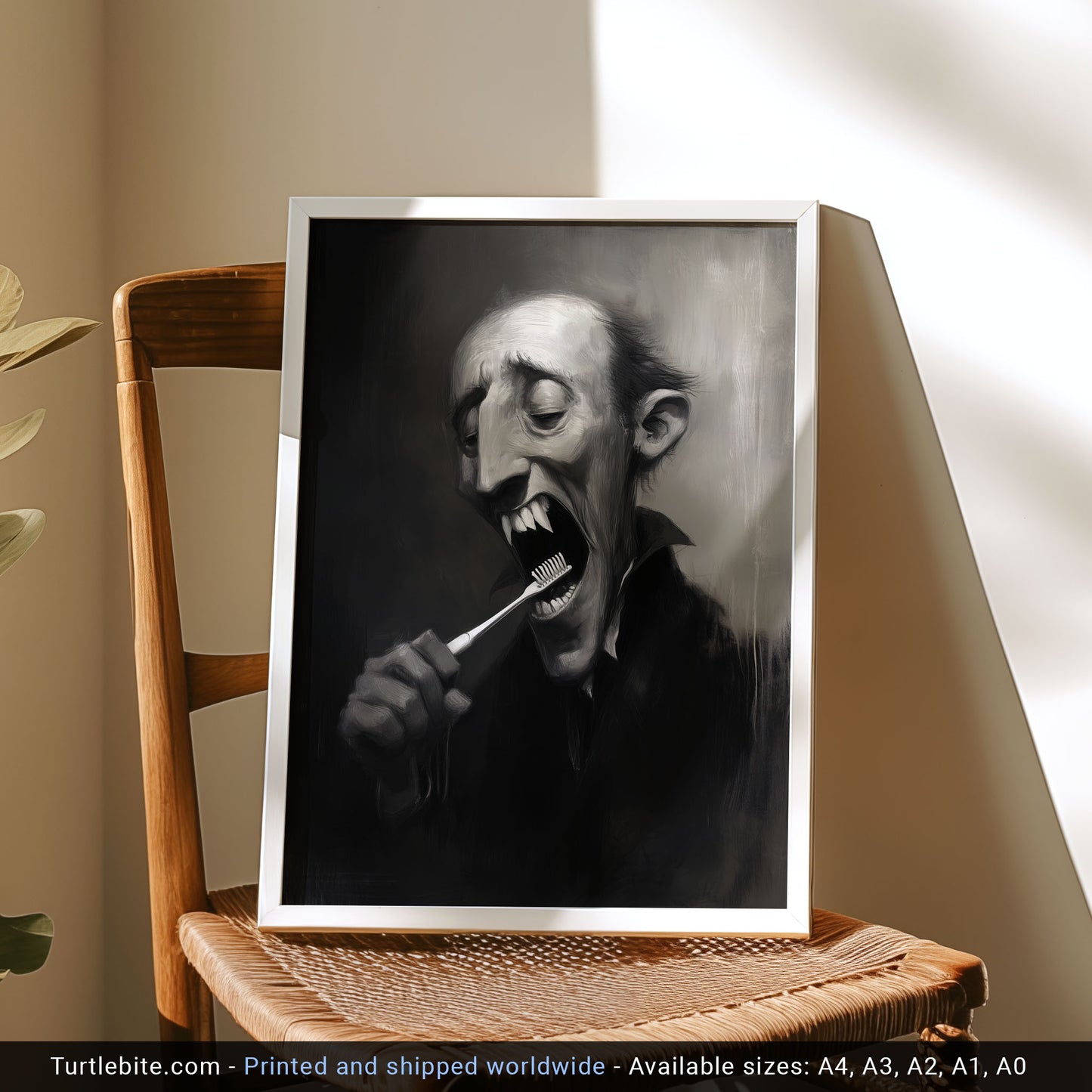 Graf Draculas Dental Care Poster Print, Dark Humor, Moody Gothic Painting Wall Art for Bathroom