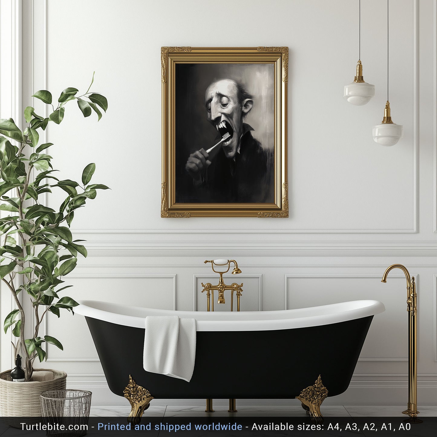 Graf Draculas Dental Care Poster Print, Dark Humor, Moody Gothic Painting Wall Art for Bathroom