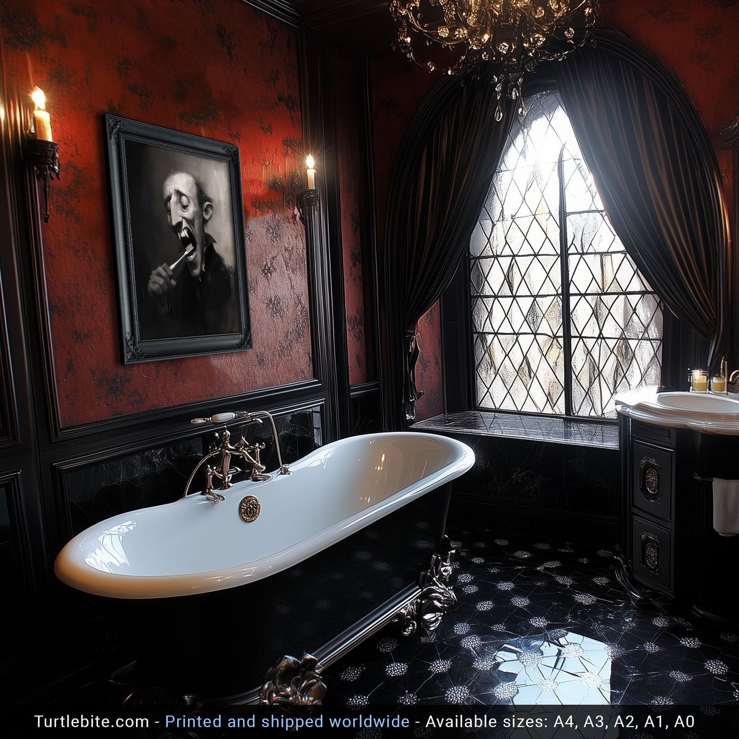 Graf Draculas Dental Care Poster Print, Dark Humor, Moody Gothic Painting Wall Art for Bathroom