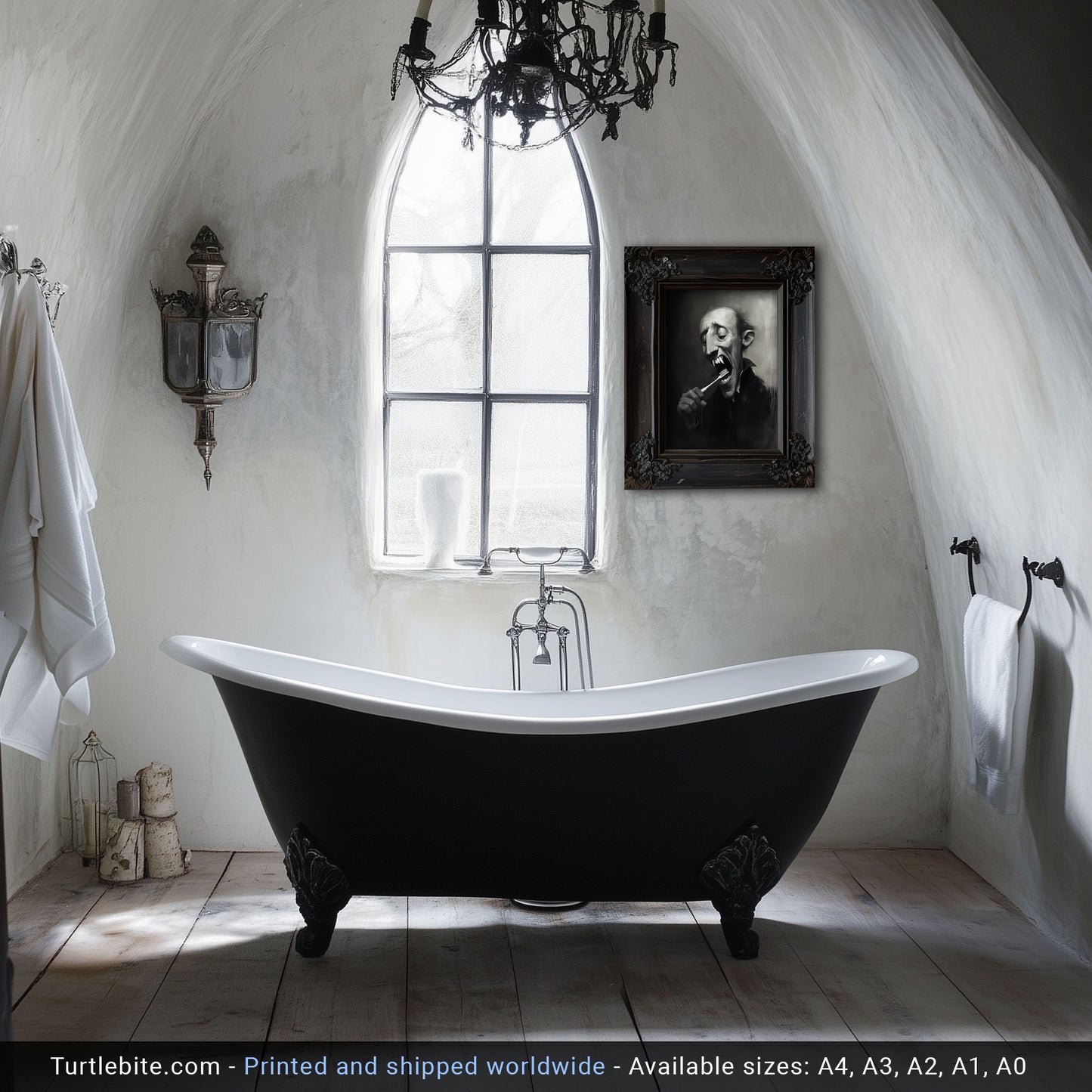 Graf Draculas Dental Care Poster Print, Dark Humor, Moody Gothic Painting Wall Art for Bathroom