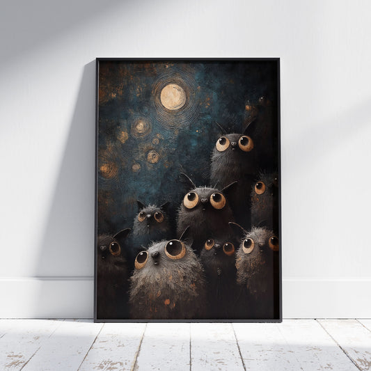 Whimsical bat poster featuring a crowd of fluffy dark creatures with huge golden eyes gazing at the full moon